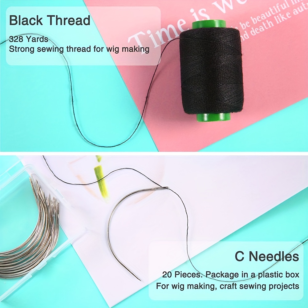  26pcs Thread and Needle Kit, C J Shaped Curved Needles  3-Colored Thread and Needle Weaving Combo with Threader Sewing Accessories  and Supplies for Making Wigs Sewing Hair Weft Braid Extension