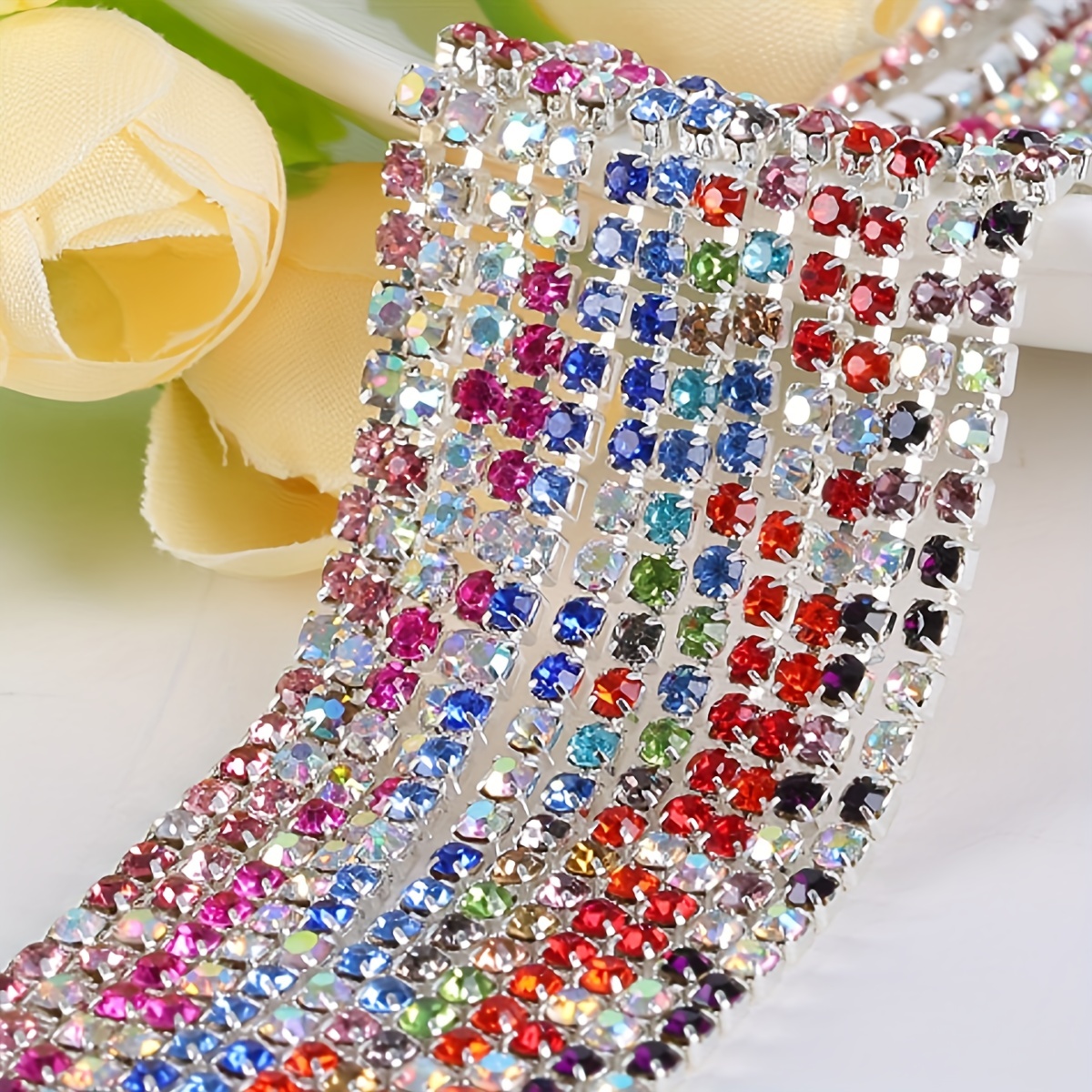 4 rows 16mm Wide crystal Rhinestone cup chain Glass Gold Flatback