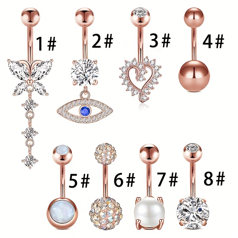 8pc Rose Golden Love Heart Devil's Eye Belly Button Ring Set