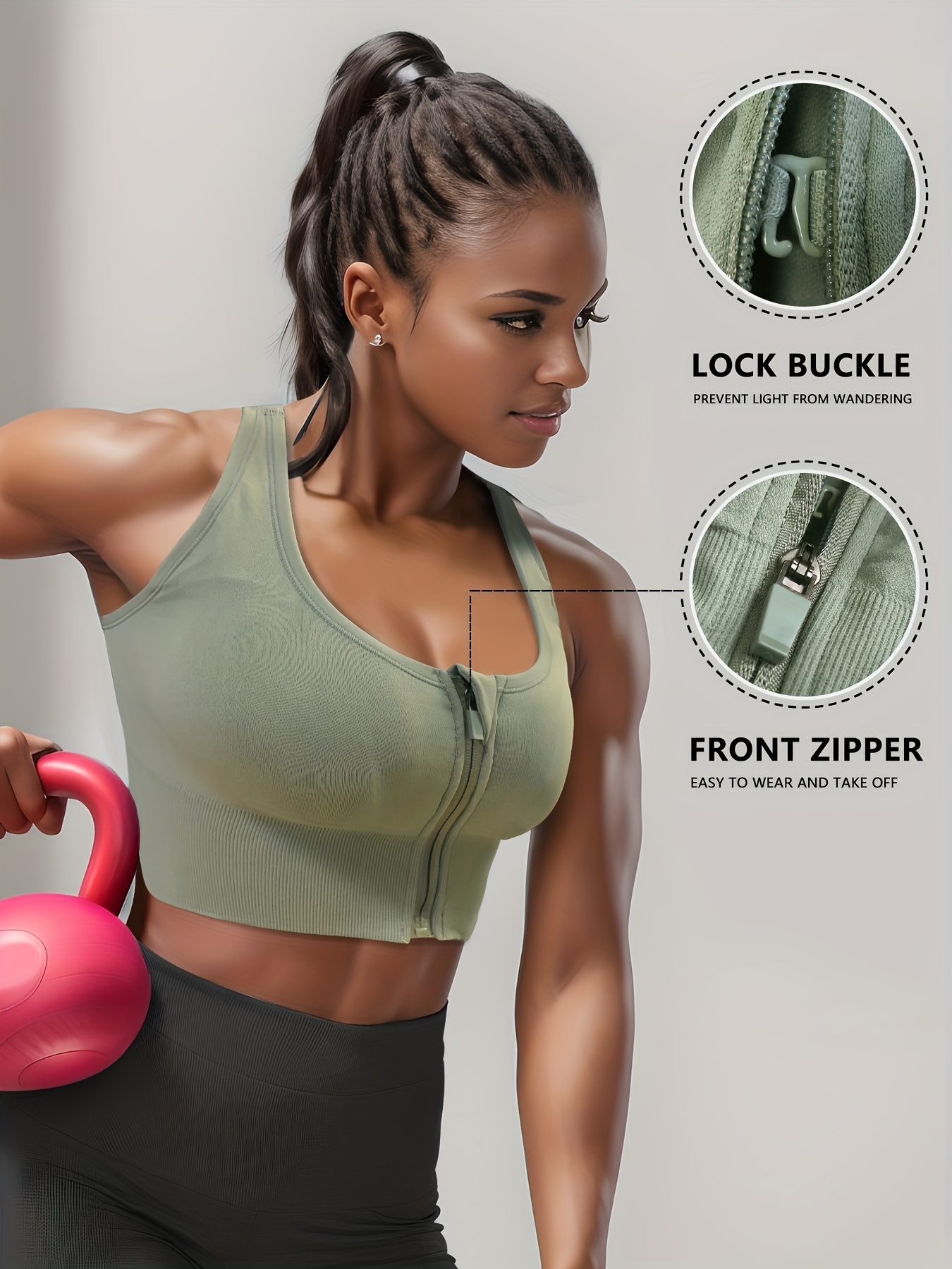 Women's Zipper Front Sports Bra Adjustable Straps Shockproof