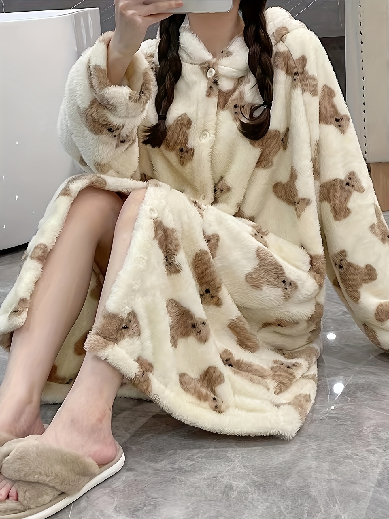 Thickened Velvet Cute Little Bear Nightgown Long Sleeve Cute - Temu