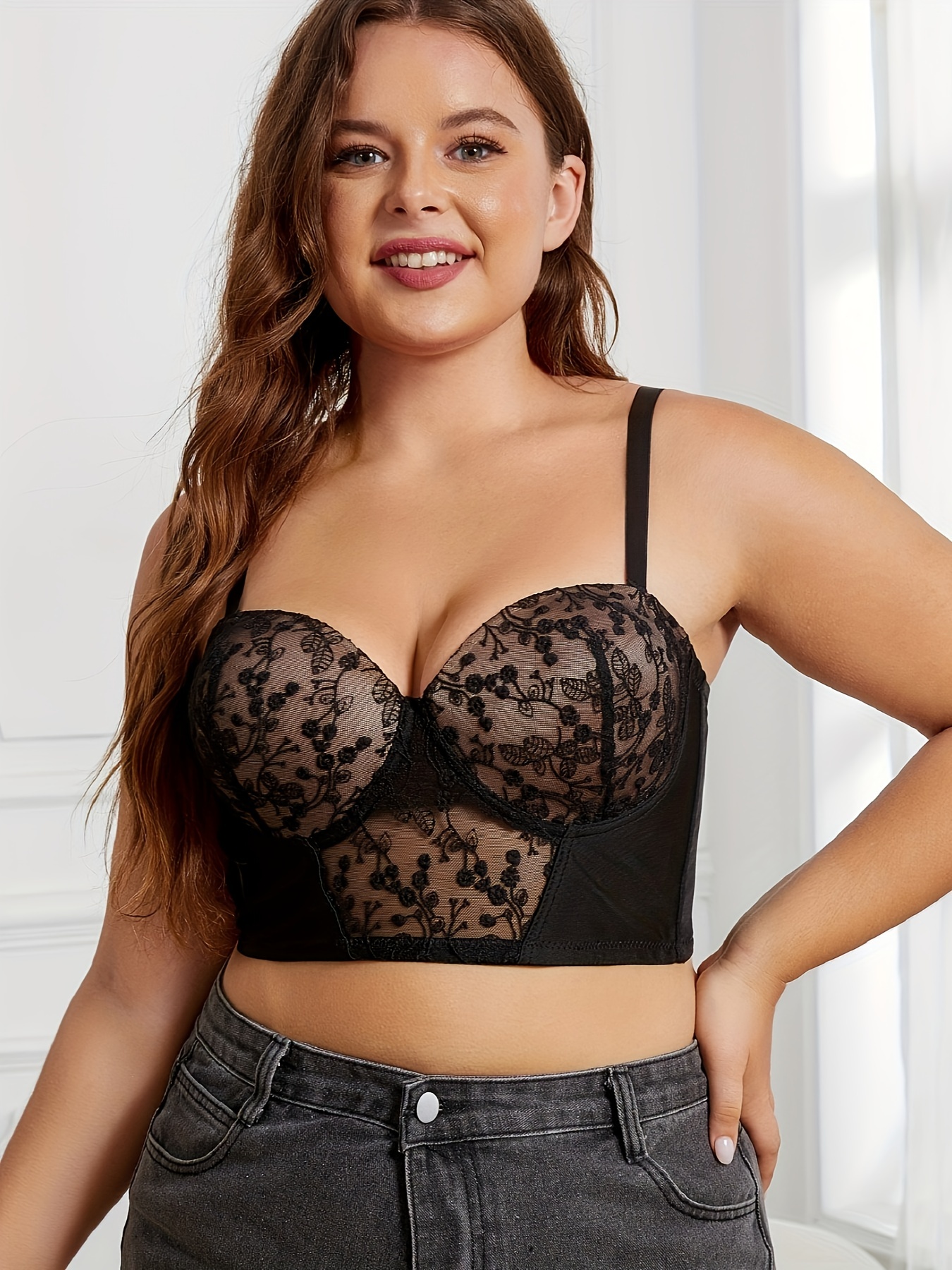 Plus Size Sexy Bra, Women's Plus Floral Embroidered Push Up Padded Semi  Sheer Bralette