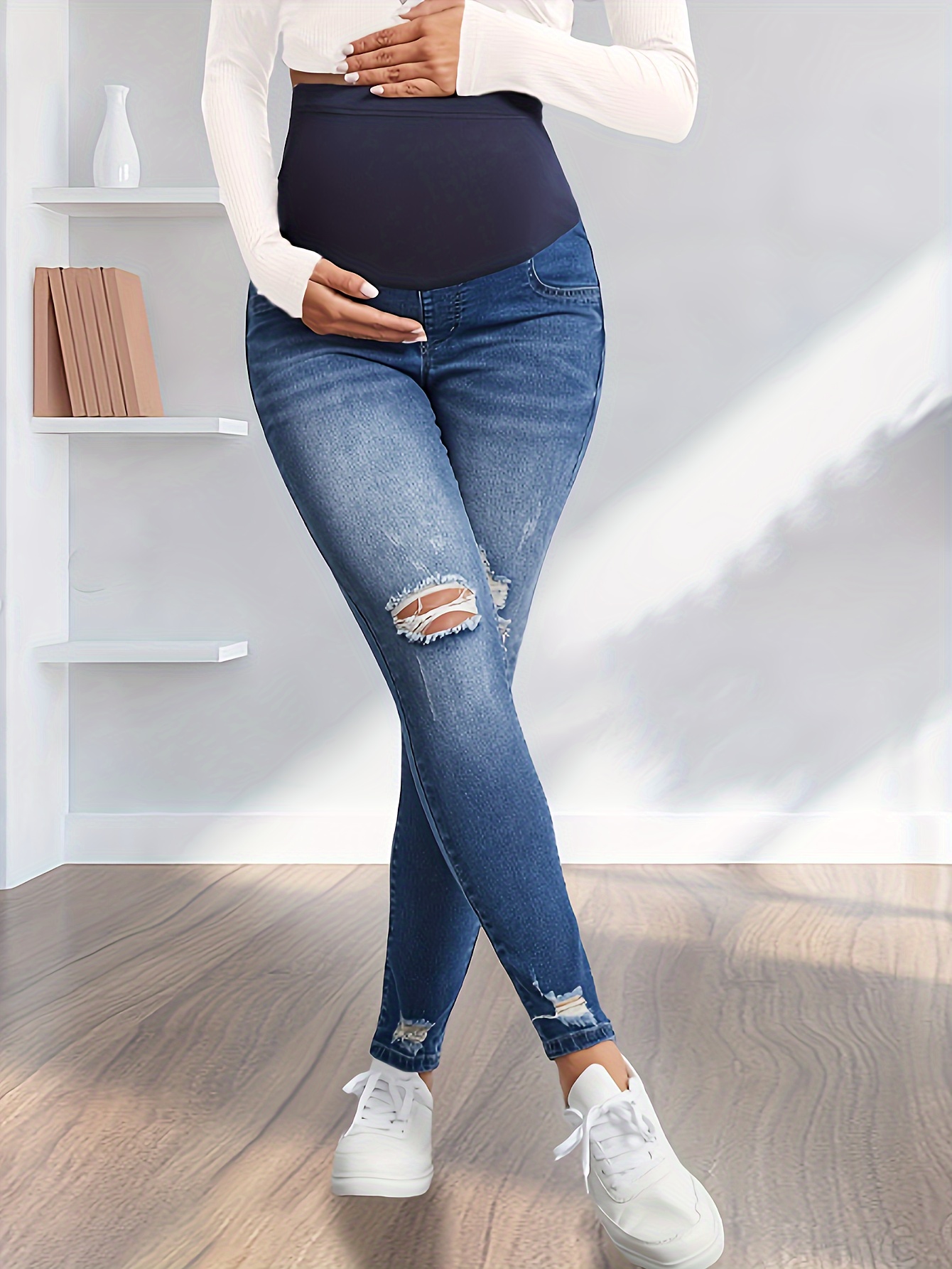 Women's Maternity Denim Pants Solid Vintage Style Jeans Highly Stretchy  Pants For Pregnant Women
