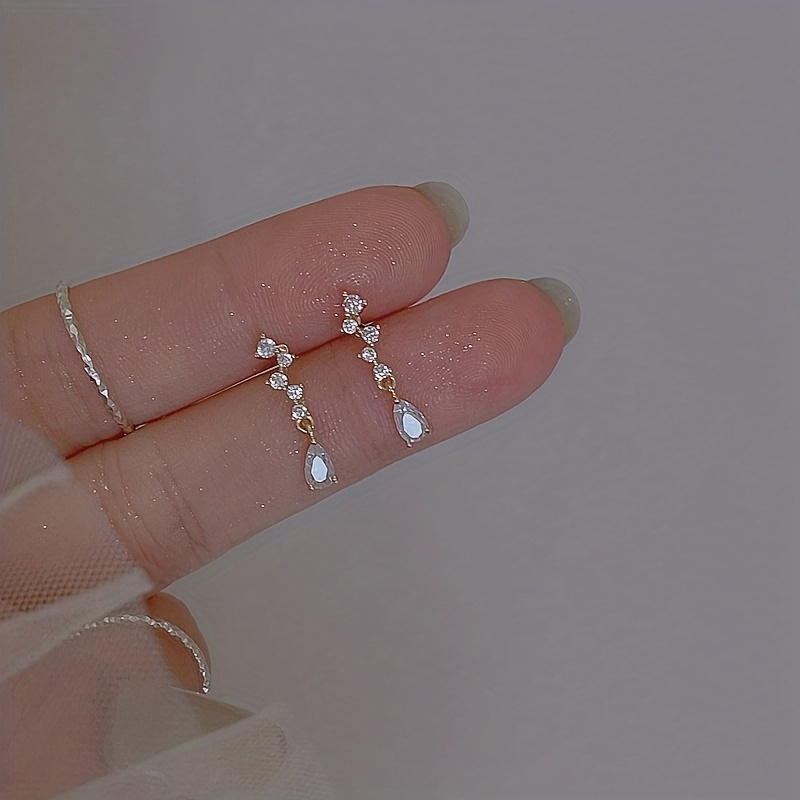 Long Water Drop Zircon Stud Earrings, 14K Plated