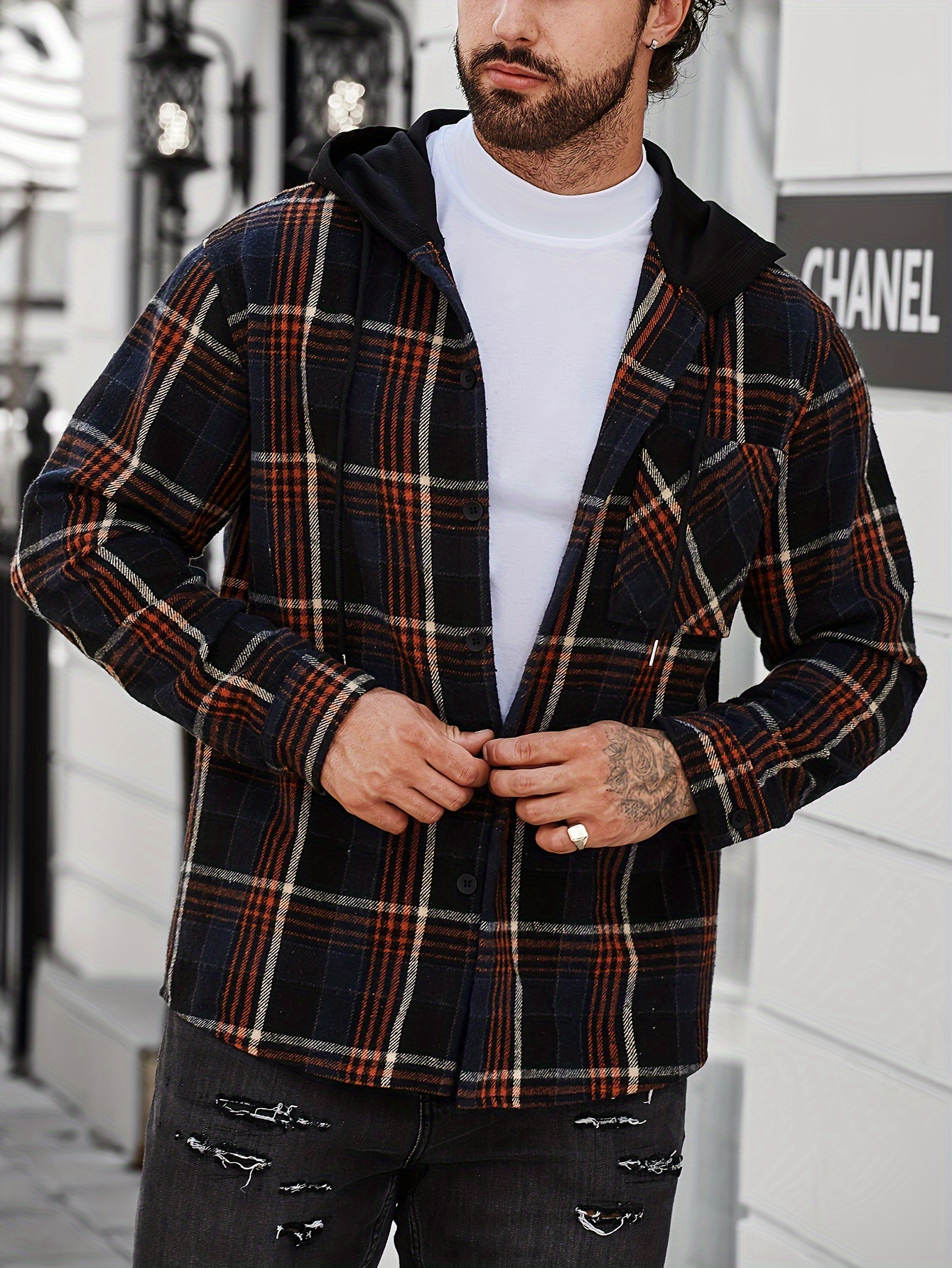 Casual Plaid Pattern Men's Long Sleeve Hooded Shirt Jacket, Men's Button Up  Outwear For Fall Winter Outdoor