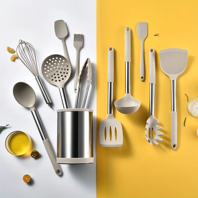 7-Piece Kitchen Utensil Set- Stainless-Steel and Silicone Cooking Tools with Organizing Stand- Nonstick & Heat Resistant
