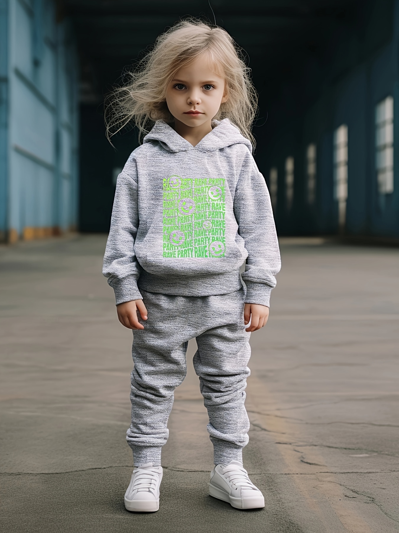Girls 2pc Cartoon Smile Face Hoodie & Sweatpants Set