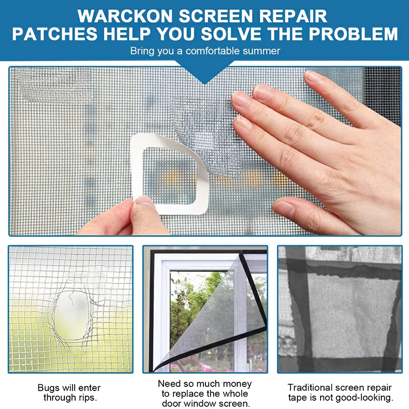 ACEBON Window Screen Repair Kit Tape, 2x80'' Strong Adhesive & Waterproof  Fiberglass Covering Mesh Tape for Covering Window Door Tears Holes Screen
