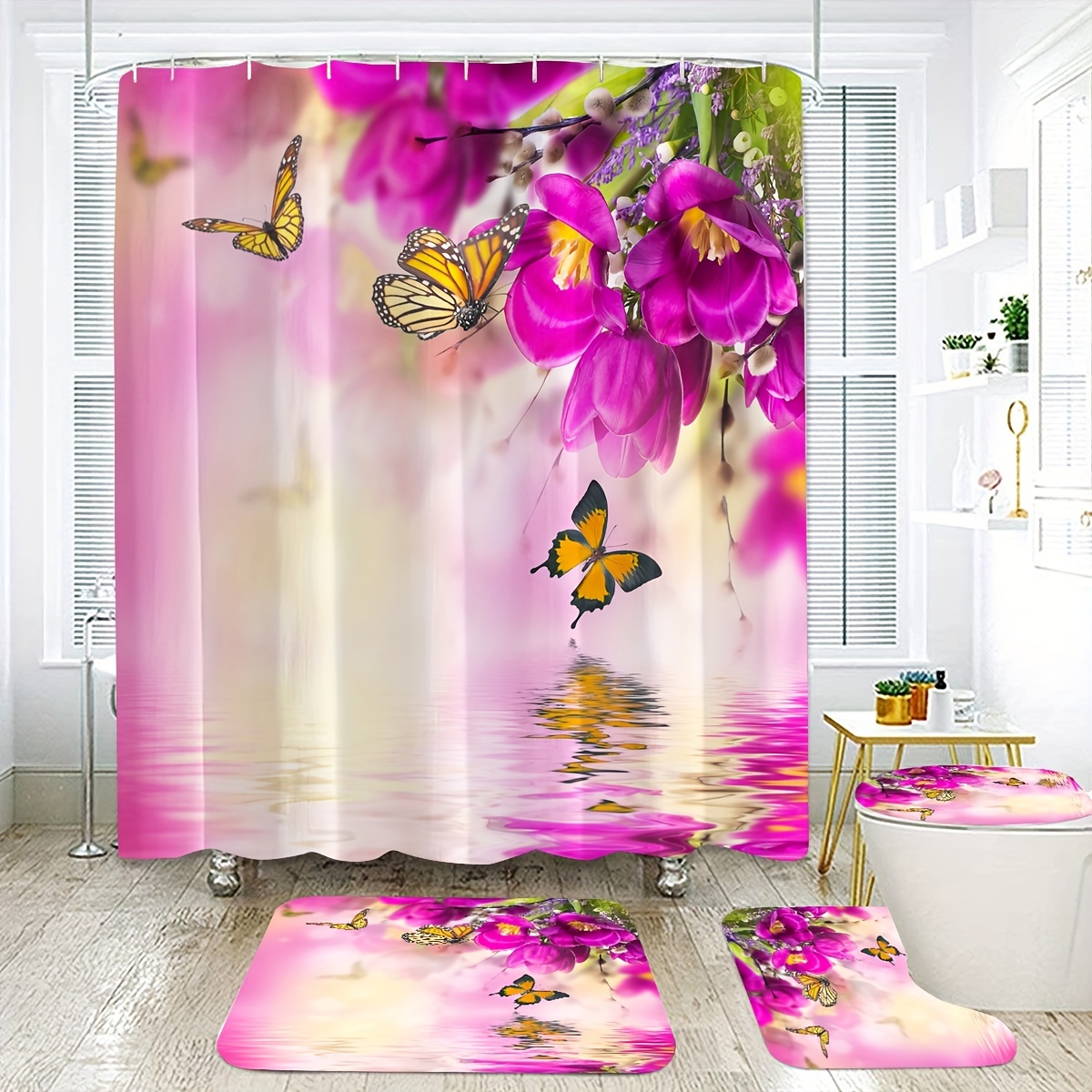 Butterfly Flower Printed Shower Curtain Set Bathroom Rug U - Temu Ireland