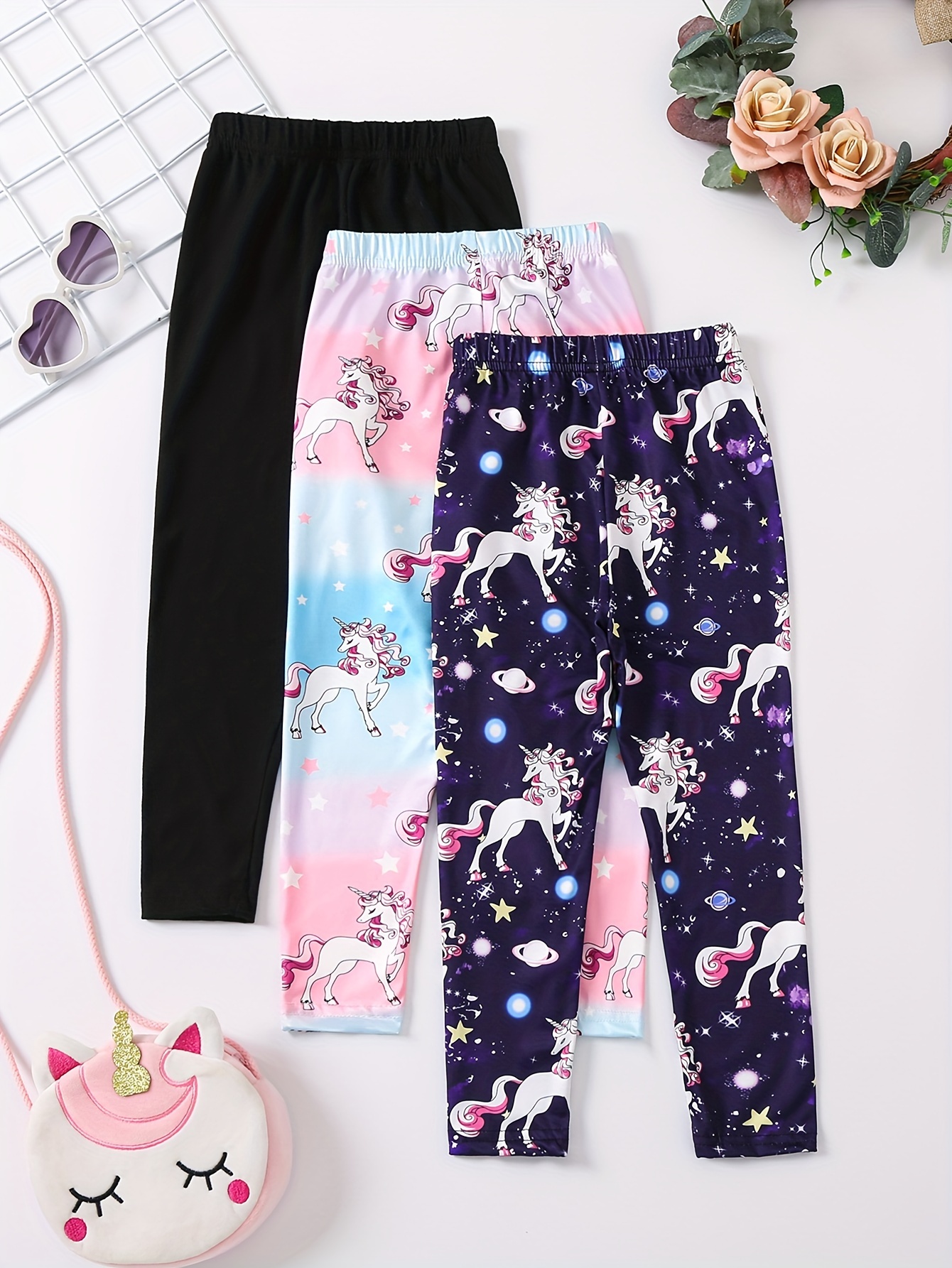 Versatile Cute Girls Unicorn Allover Print Leggings Solid - Temu