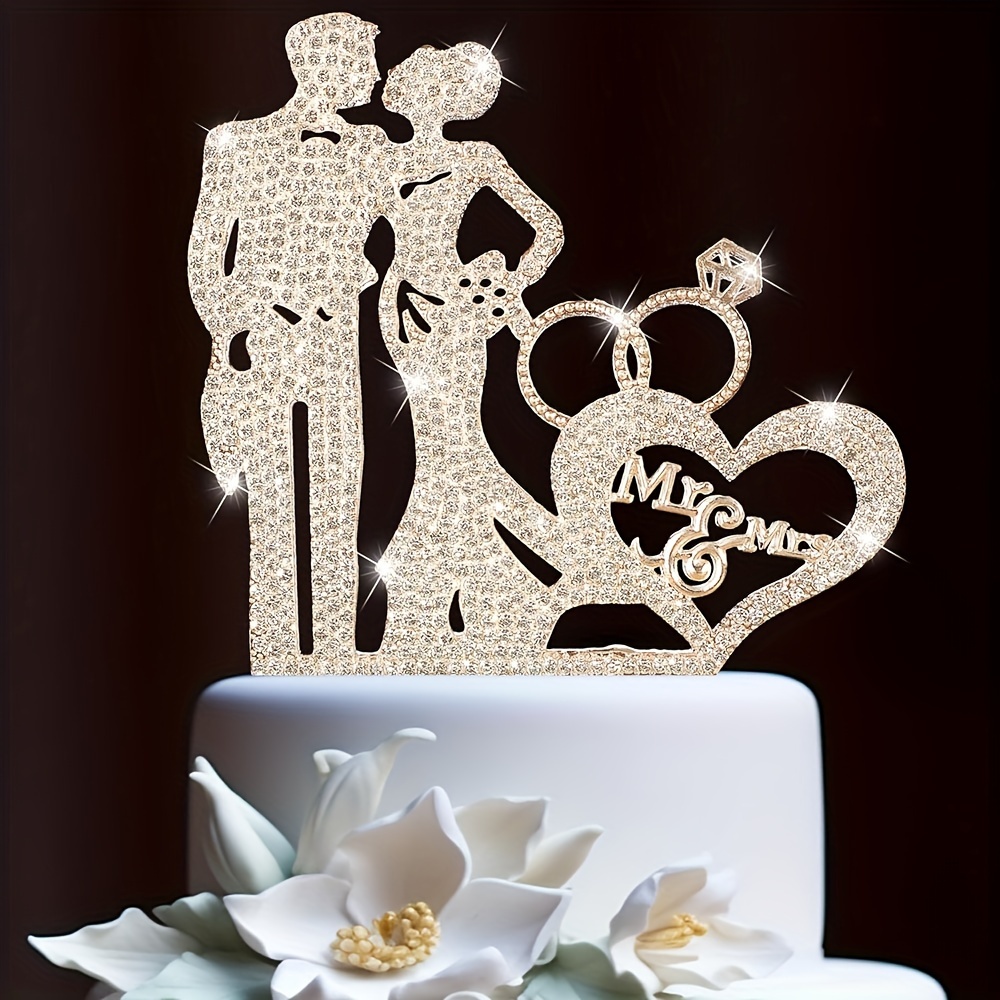 

1pc, Mr And Mrs Wedding Cake Topper, Rhinestone Metal Love Bride And Groom Cake Insert Decoration For Wedding Ceremony, Anniversary Party, (golden/ Silvery)