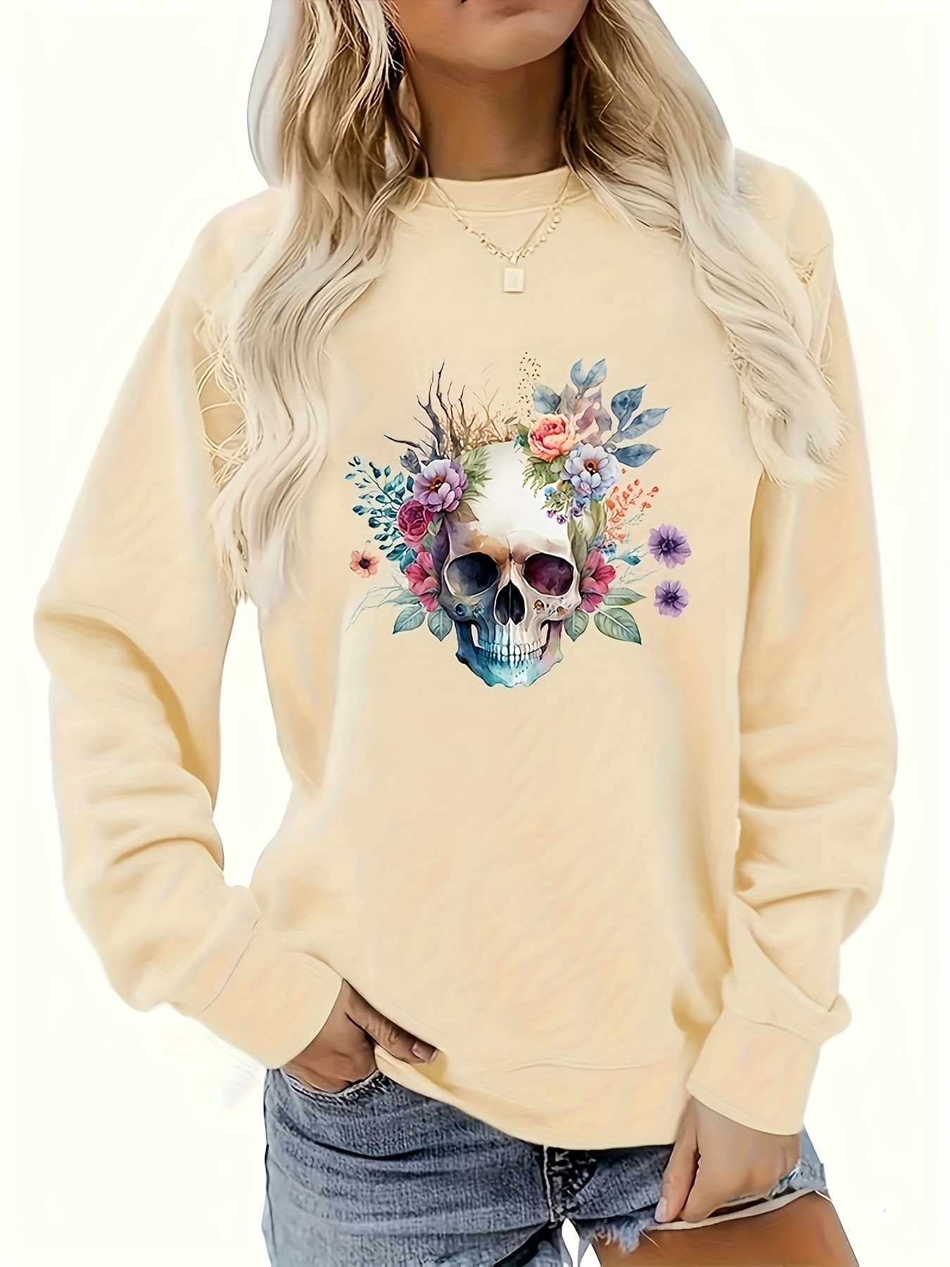 Heart & Skull Print Sweatshirt, Casual Long Sleeve Crew Neck Sweatshirt,  Women's Clothing - Temu