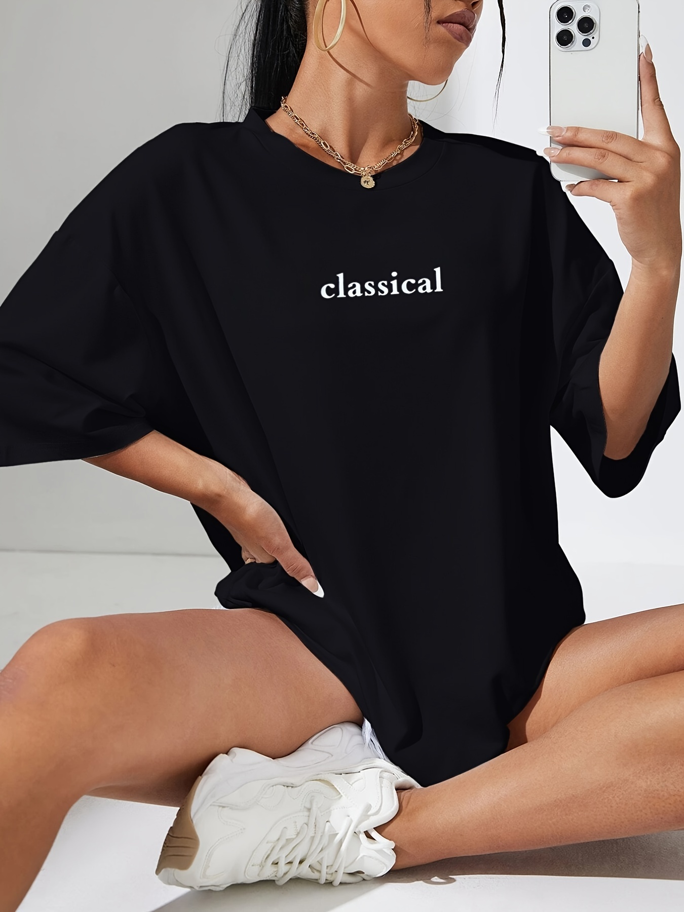 Classical Print Oversized T shirt Crew Neck Casual Top - Temu United Kingdom