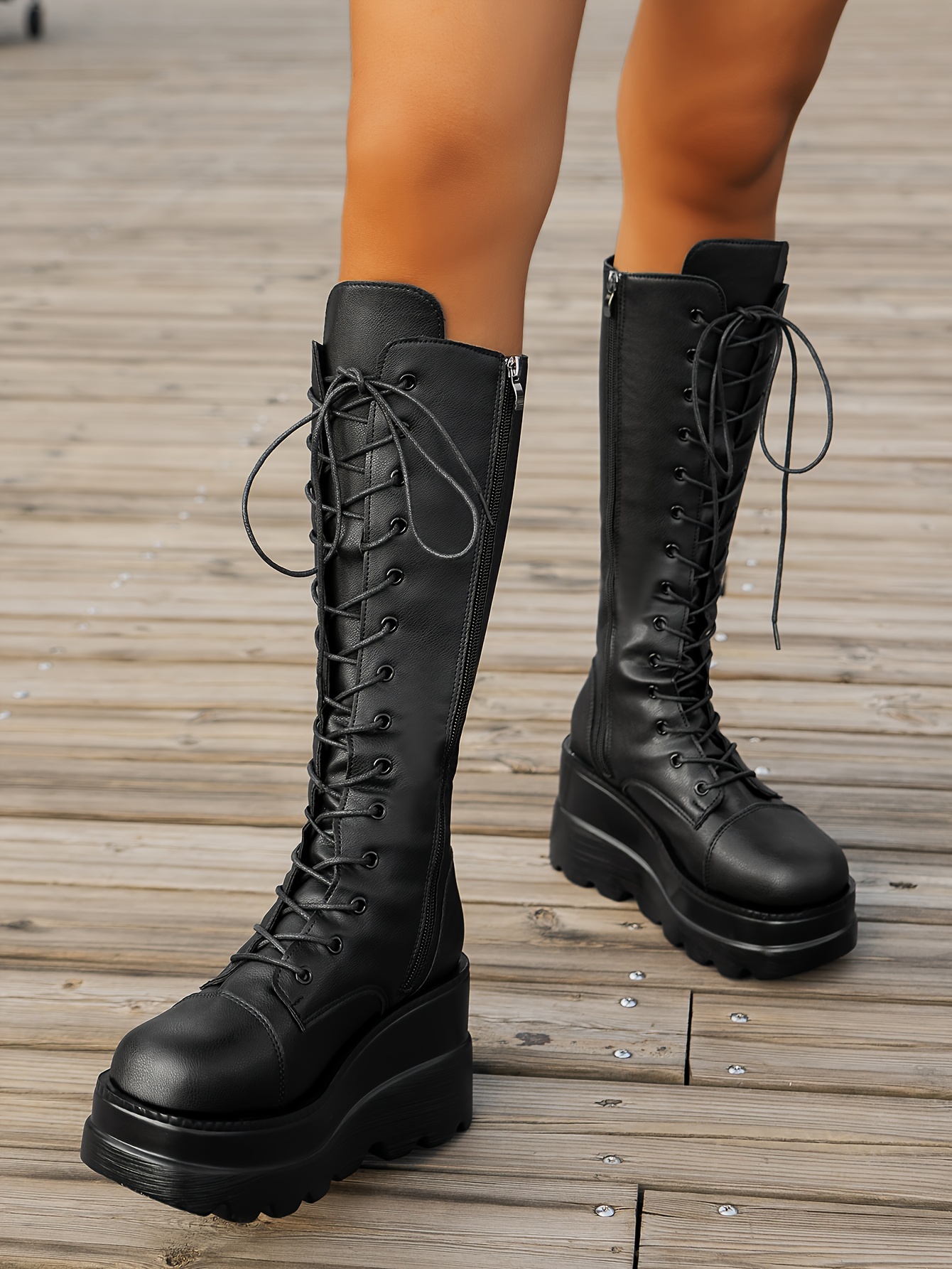 Women's Solid Color Wedge Heeled Boots, Fashion Lace Up Platform Boots,  Stylish Side Zipper Boots