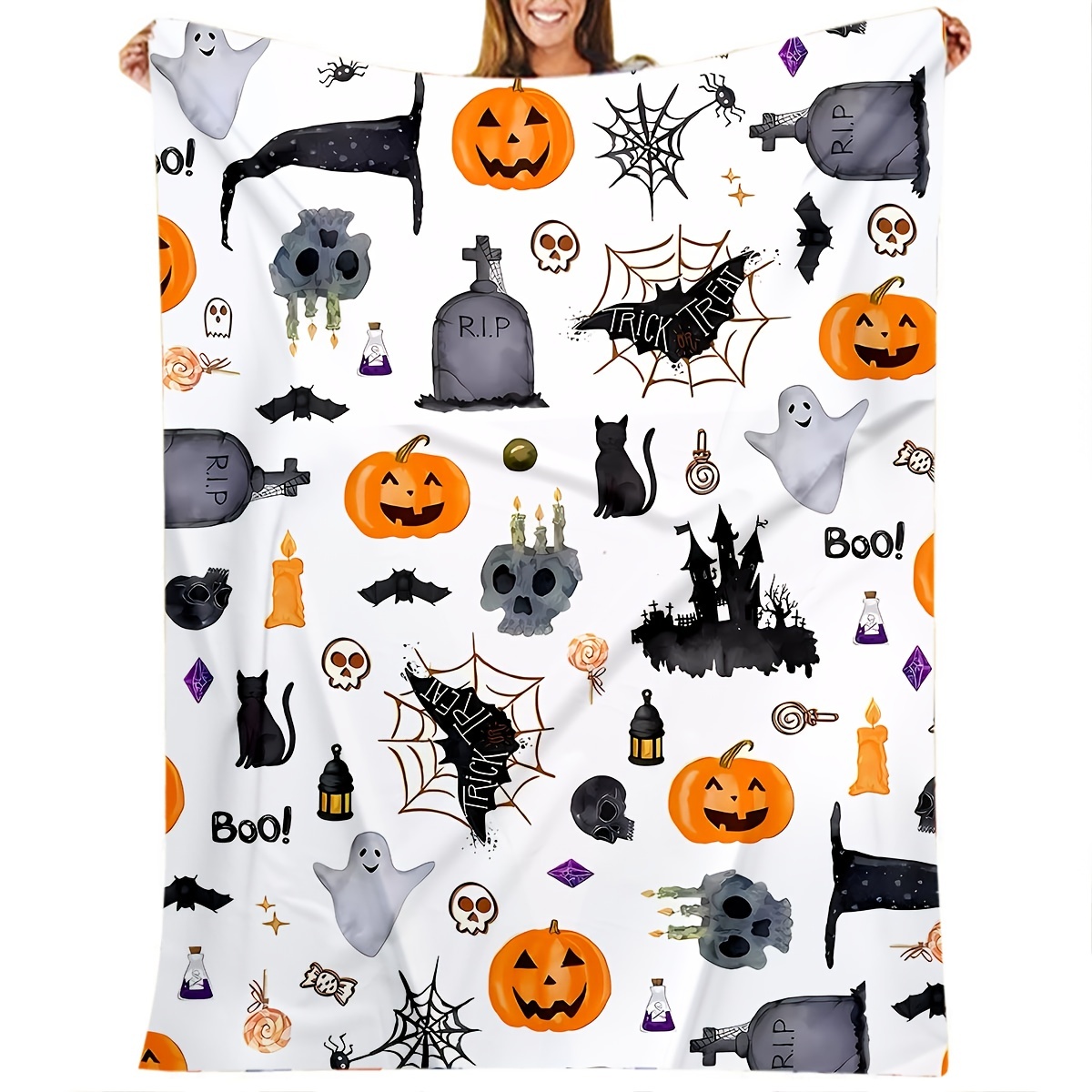 1 pièce Halloween Imprimé Citrouille Couverture En Flanelle , Doux Cosy  Couverture Sieste Couverture Pour Voyager Canapé Lit Bureau Domicile Décor  , Halloween Cadeau De Vacances Couverture Pour Garçon Fille Adultes 