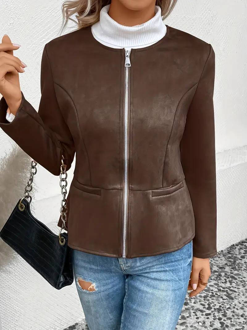 plus size elegant jacket womens plus solid long sleeve zip up round neck jacket details 37