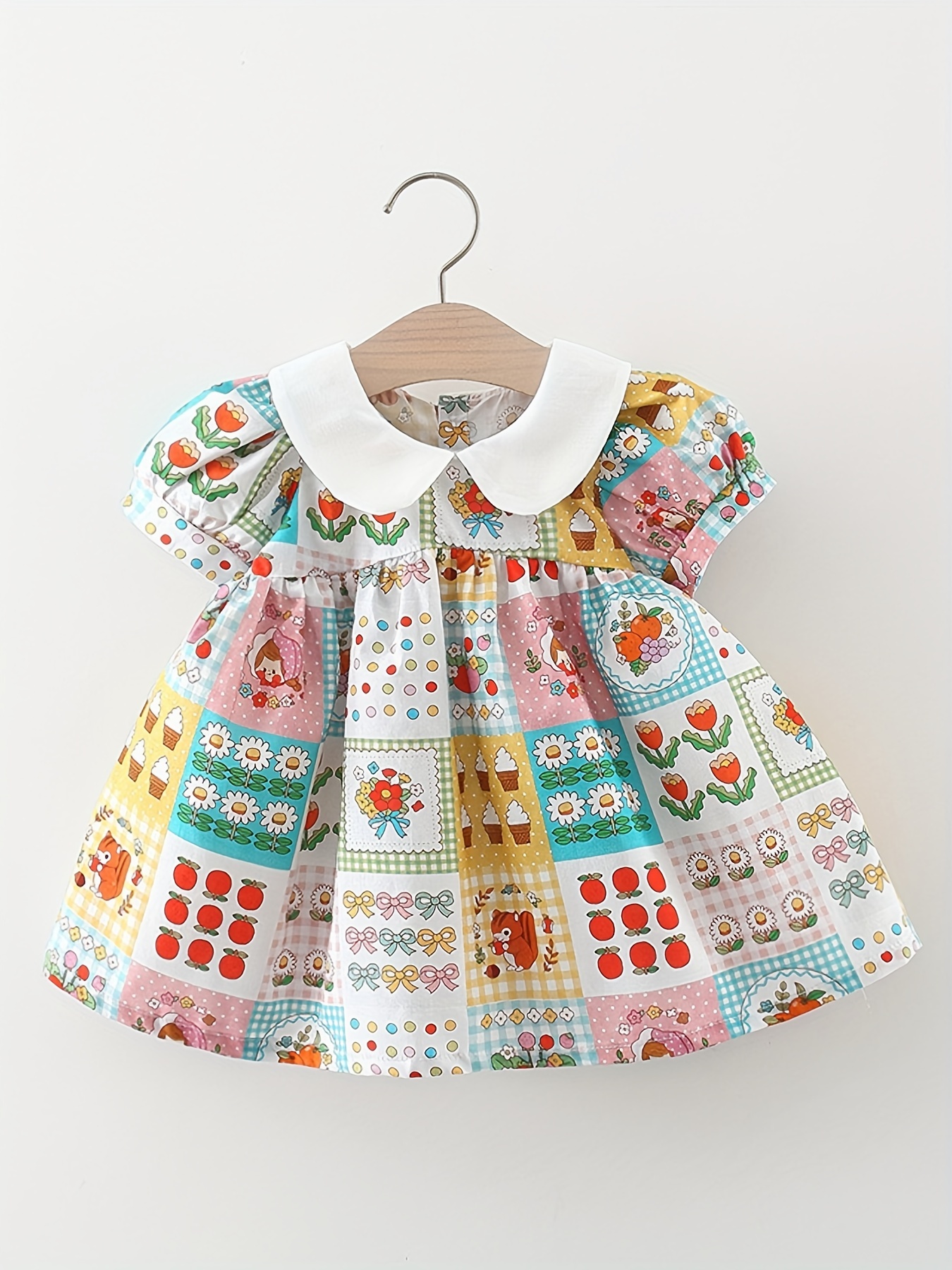 Baby Girls Cute Cartoon Graphic Print Puff Sleeve Dress Clothes For Summer