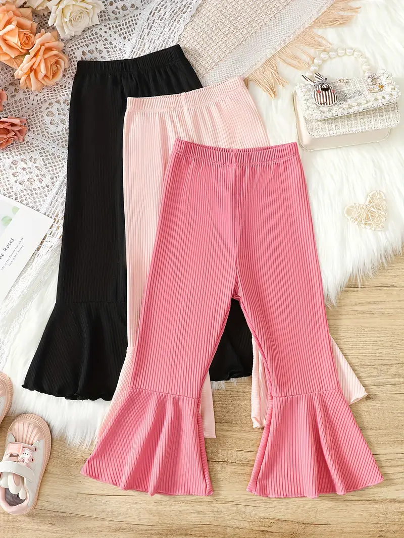Girls Casual Flare Bell Bottom Pants Rib Knit Crop Length - Temu Philippines