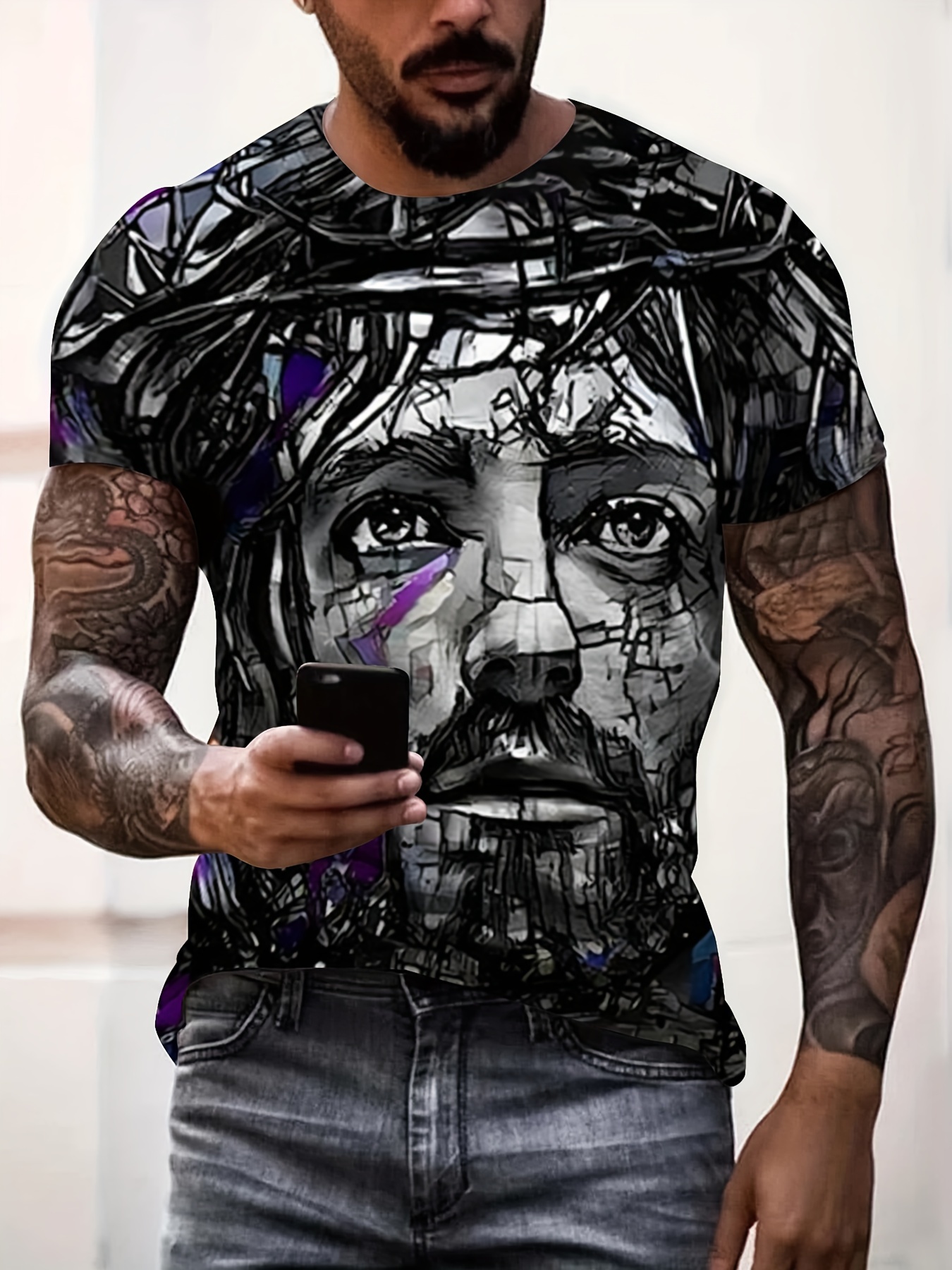 Men's Short Sleeve Trendy Statue Pattern Crew Neck T shirts - Temu