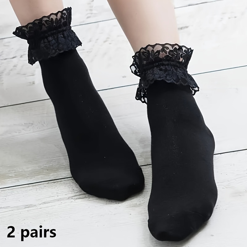 2pairs Contrast Lace Trim Black and White Fishnet Socks for Women