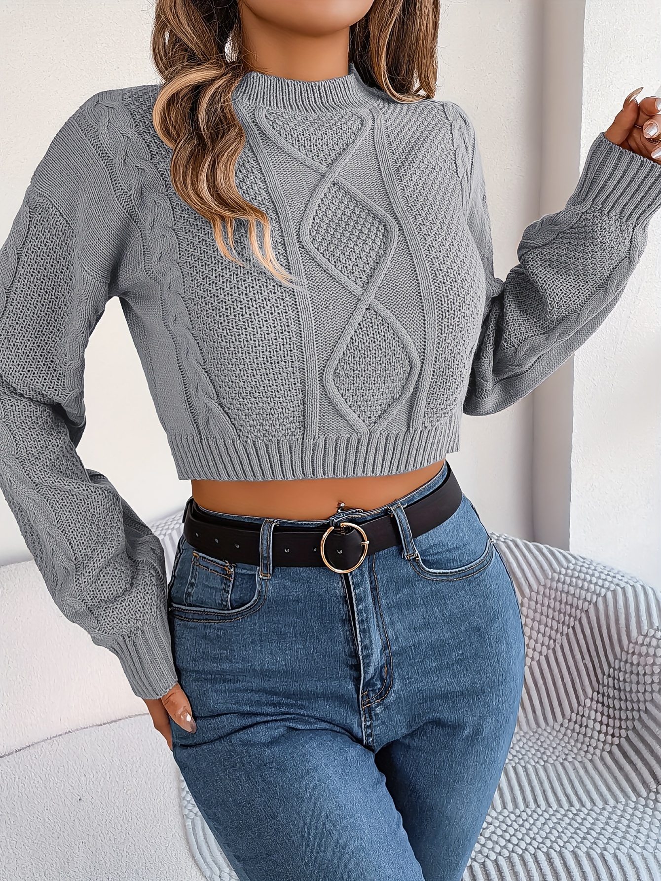 Cable Crew Neck Pullover Sweater Casual Long Sleeve Crop - Temu
