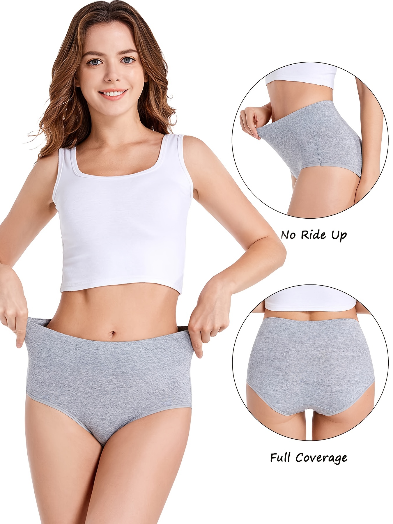 Knosfe Women's Briefs High Waisted Full Coverage Cotton Solid Tummy Control Compression  Underwear Women 4 Pack Gray 3XL 
