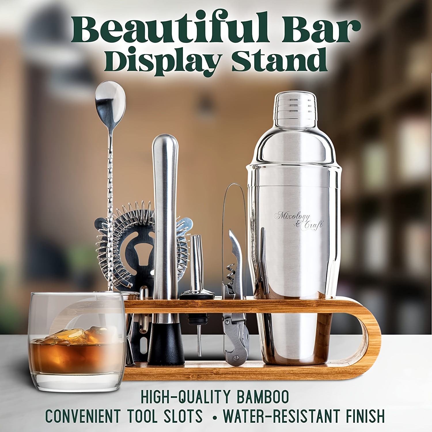Bartending Kit Cocktail Shaker Set With Bamboo Stand - Temu Ireland