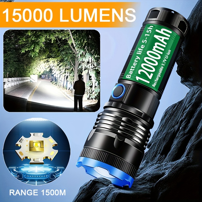 Lampe Torche Led Ultra Puissante Rechargeable USB 15000 Lumens 10000 mah  avec Lumière Latérale Lampe de Poche Etanche Haute Puissance (Argent)
