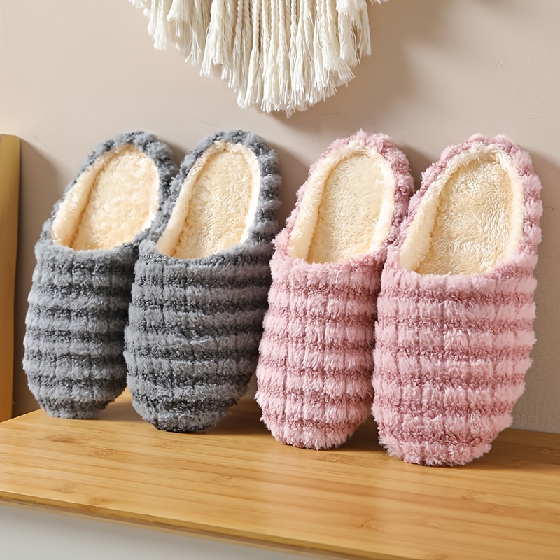 Women's Warm Plush Striped Print House Slippers, Slip-on Round Toe Anti-slip Soft Sole Casual Home Slides, Women's Indoor Flat Shoes