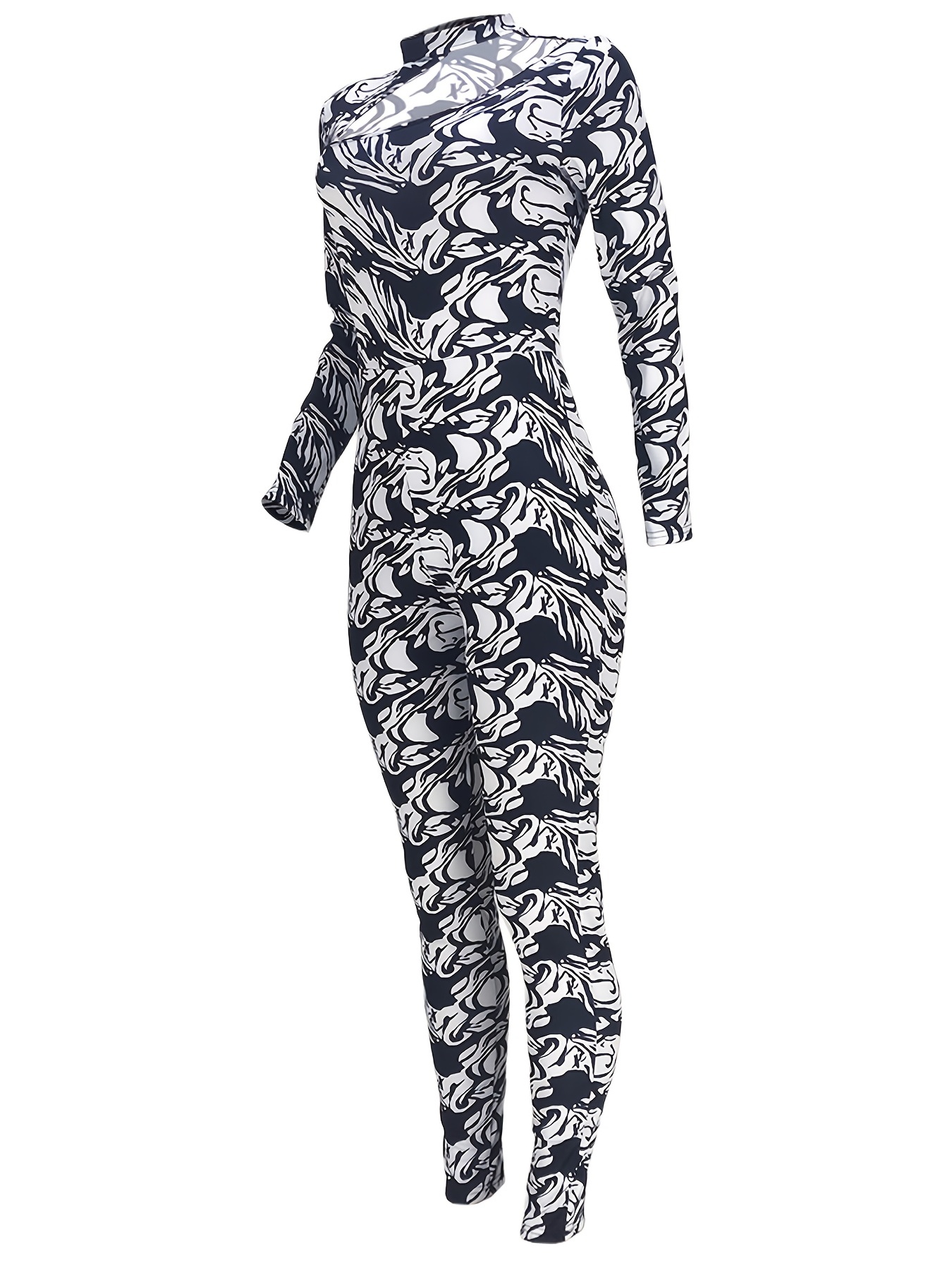 Floral Print Cut Out Skinny Jumpsuit, Casual Long Sleeve Stretchy