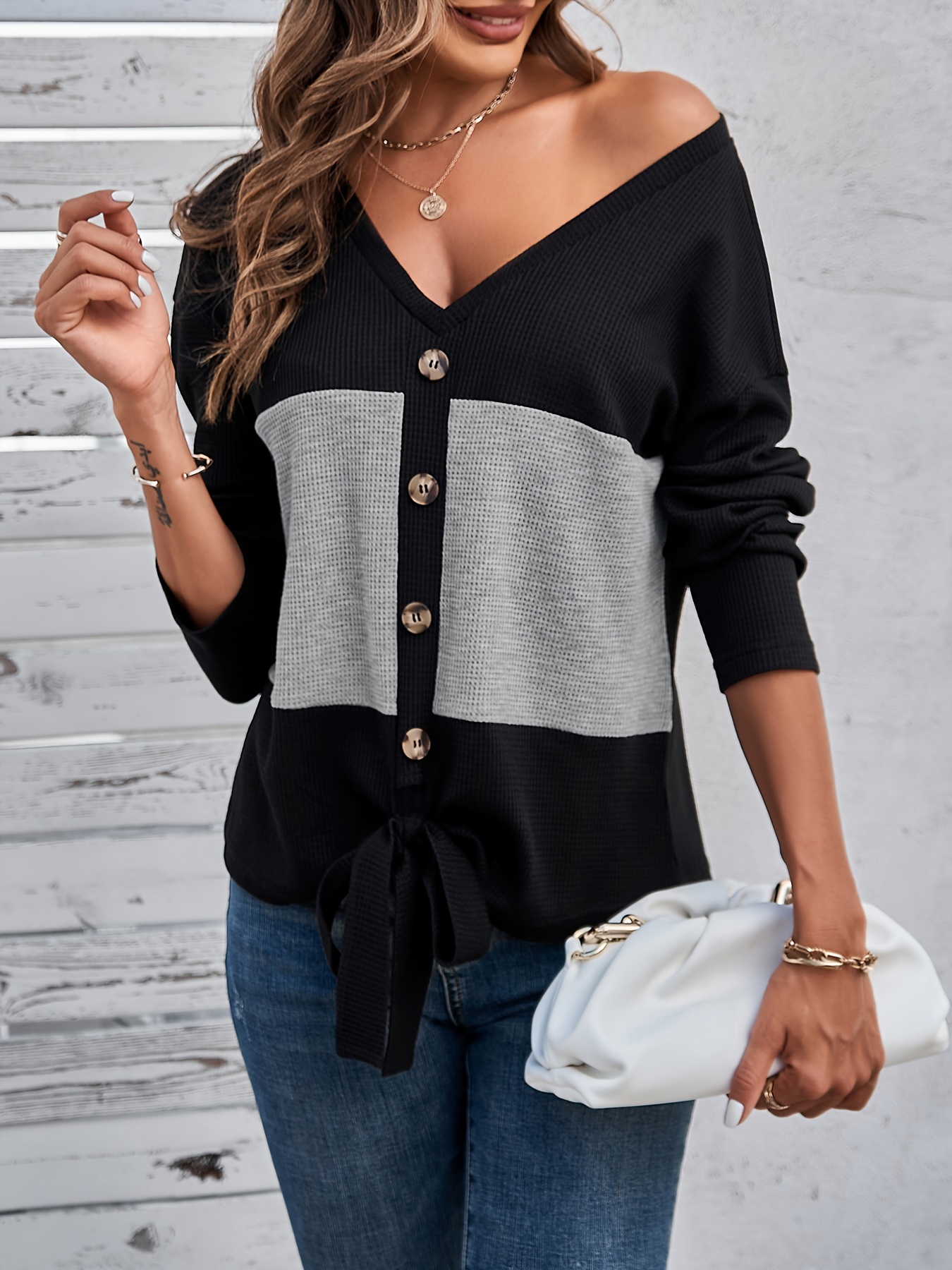 Women Long Sleeve Tops V Neck Button Down Shirts Color Block Baggy Comfy  Blouse Pullover