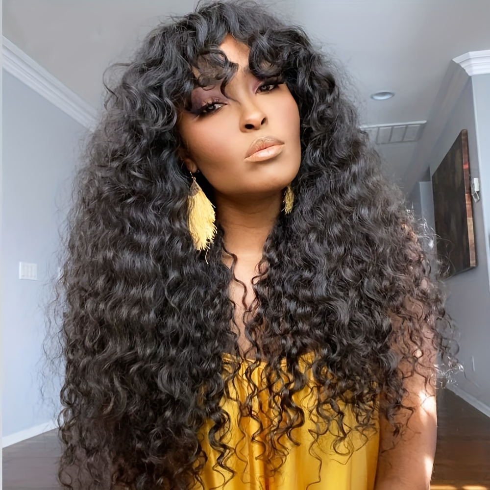 

Luxurious Curly Wig With Bangs - 100% Brazilian Human Hair, 150% Density, Full Machine Made, Glueless O-scalp Top, Style, Ideal For All , Hair Wig|textured |full Wig, Wig Accessories