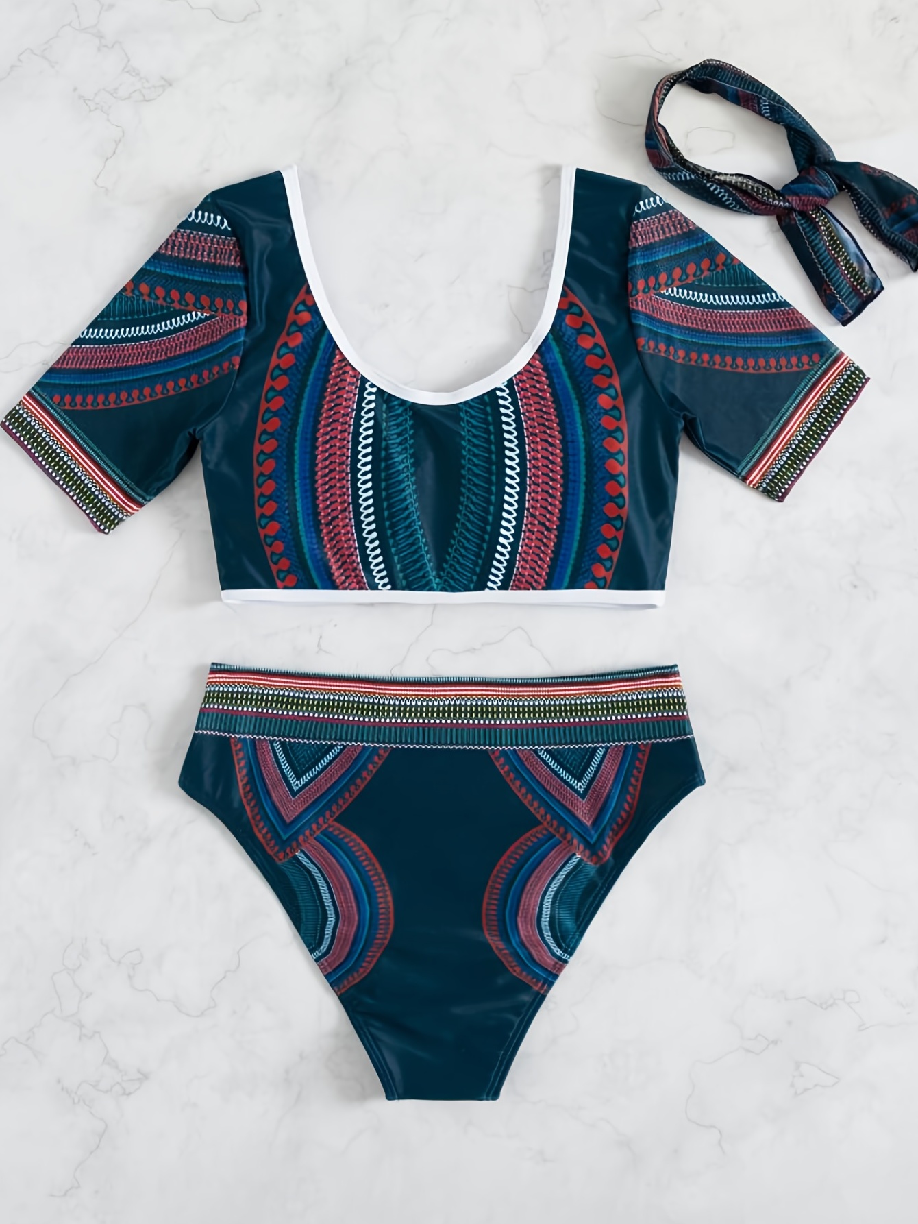 contrast trim short sleeve two piece swimwear