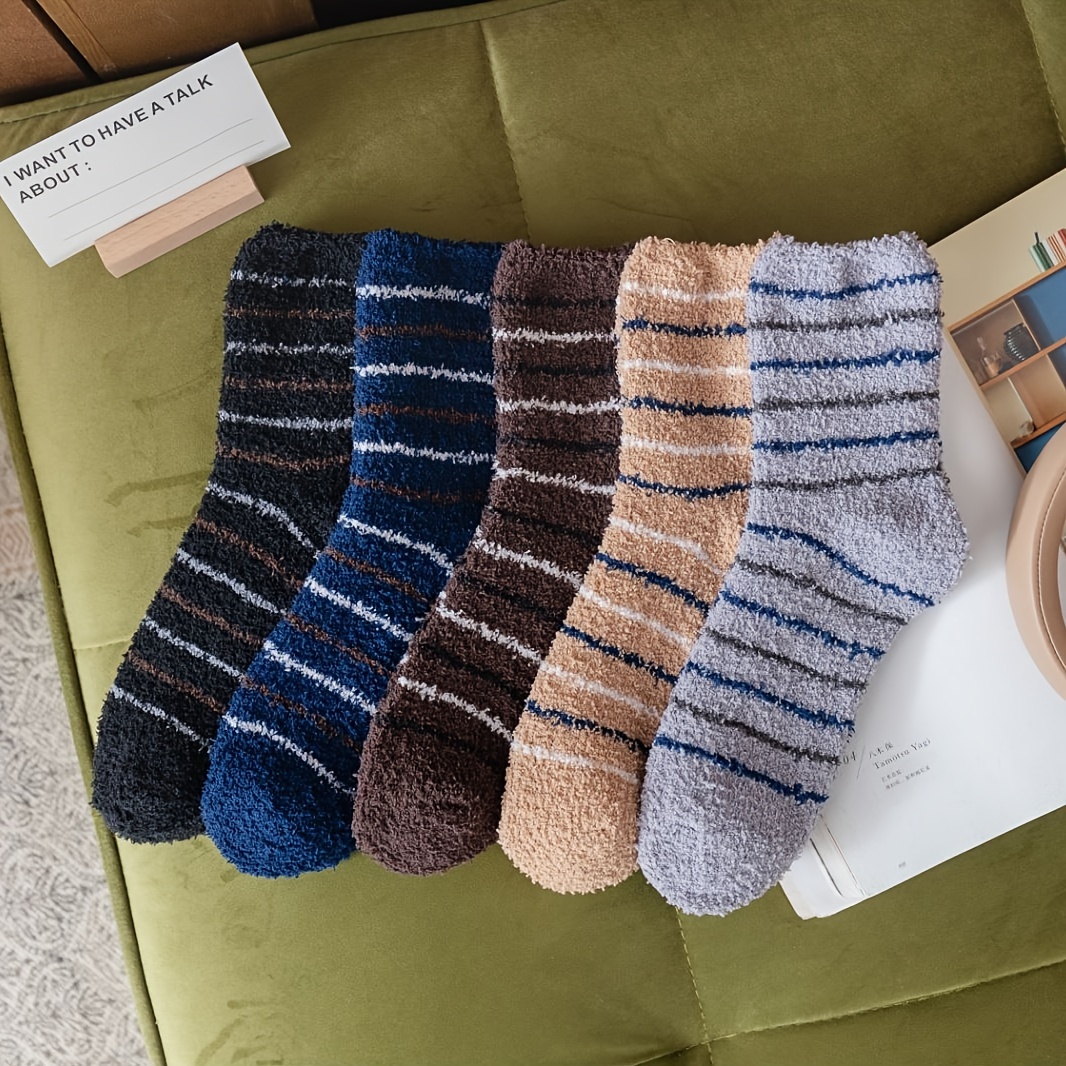 5 Pairs Striped Fuzzy Socks, Comfy & Warm Mid Tube Socks, Women's Stockings  & Hosiery