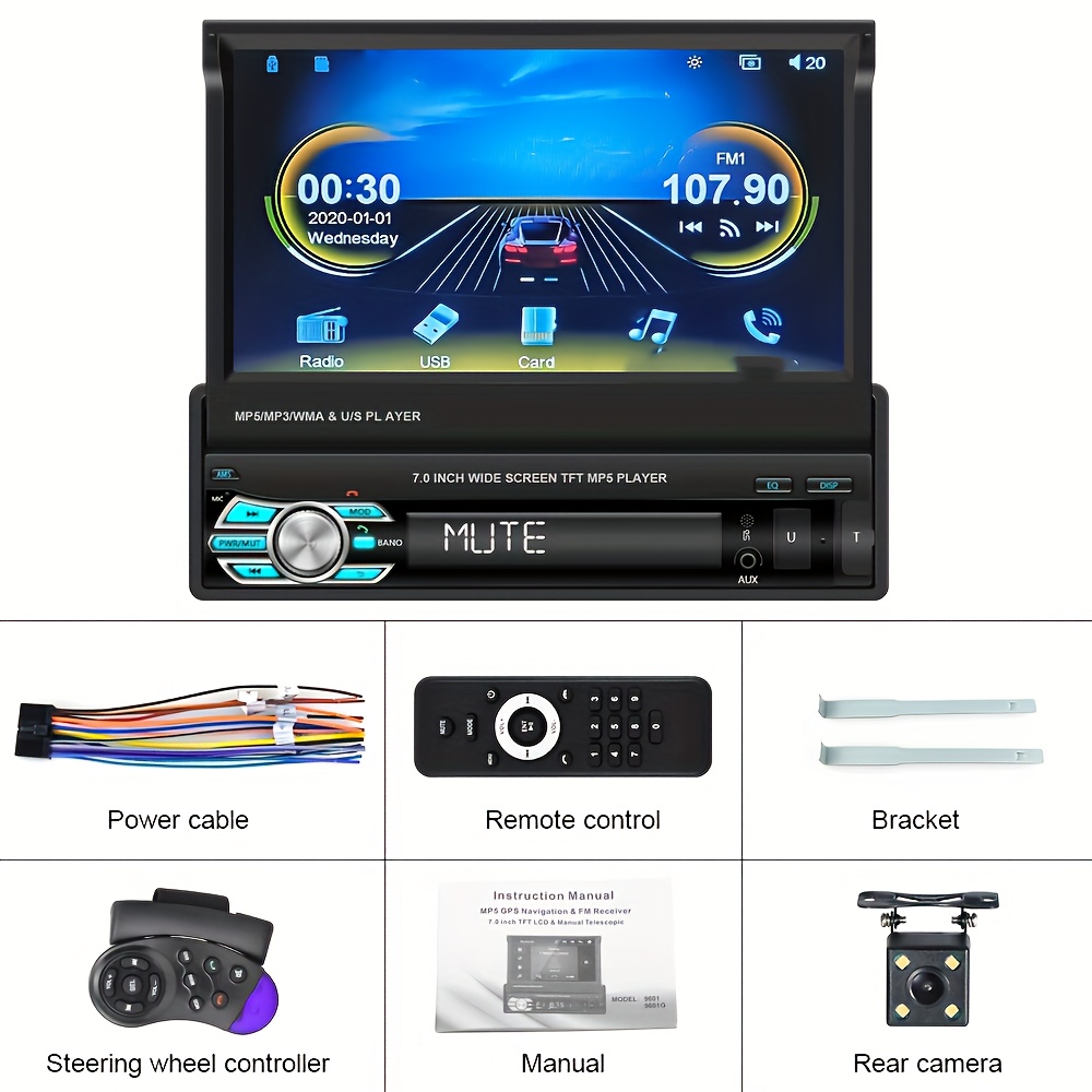 1DIN 7 HD retráctil pantalla táctil coche radio navegación GPS espejo  enlace coche estéreo Bluetooth AUX-in SD FM USB