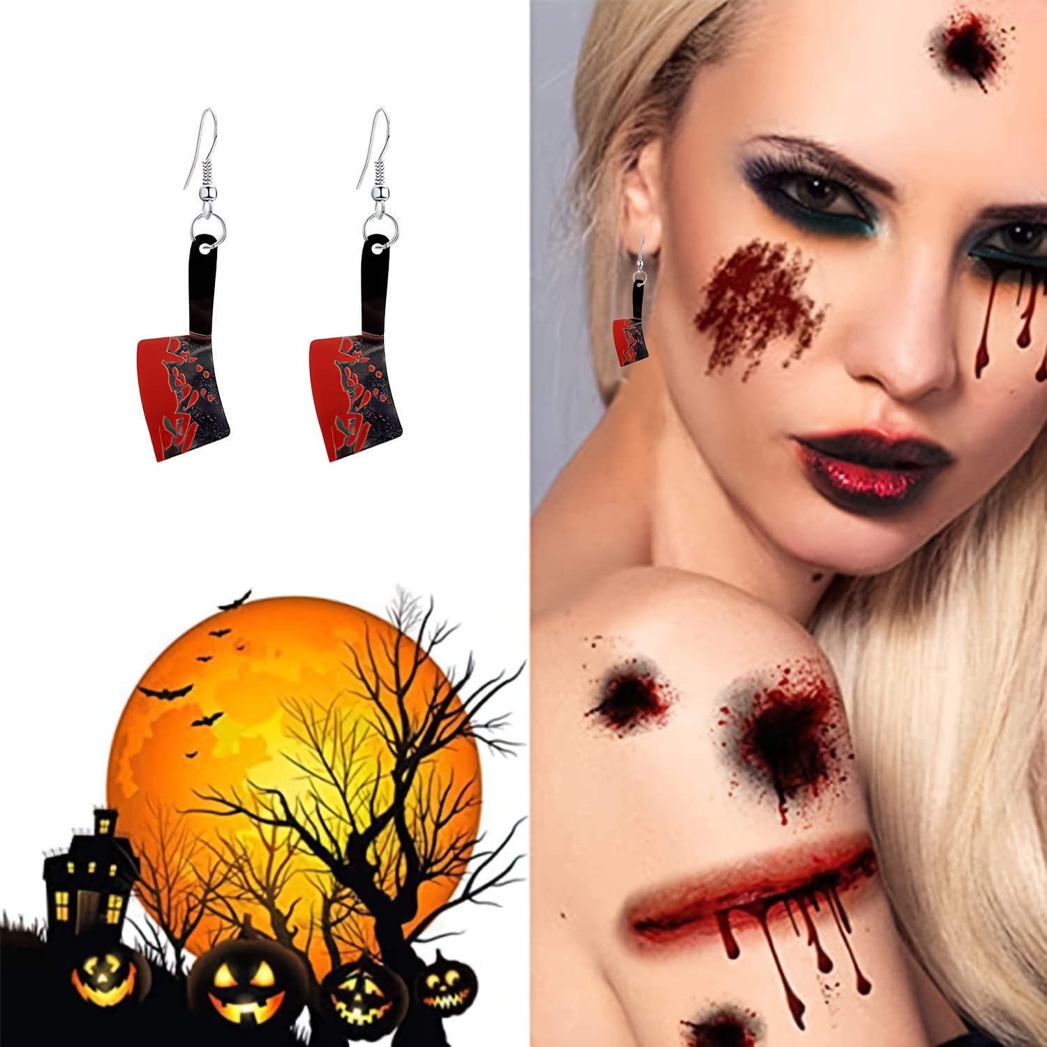 D-groee 1 Pair Vintage Punk Red Bloody Knife Drop Earrings Gothic Alloy Scissors Hatchet Dangle Earring Halloween Creative Funny Knife Blood