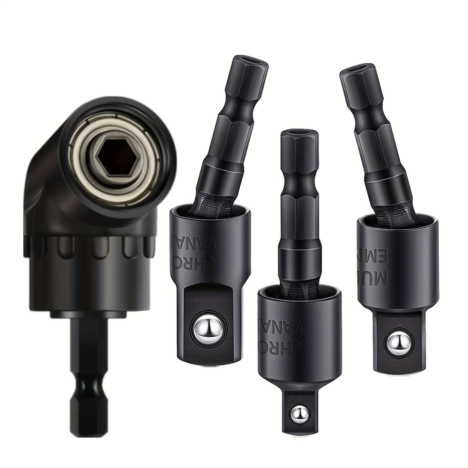 

4pcs Power Drill Socket Adapter Set - 360° Rotatable Hex Shank Impact Driver Socket Adapters - 1/4 3/8 1/2 - 105° Right Angle Screwdriver Drill Bit Holder - Black Color