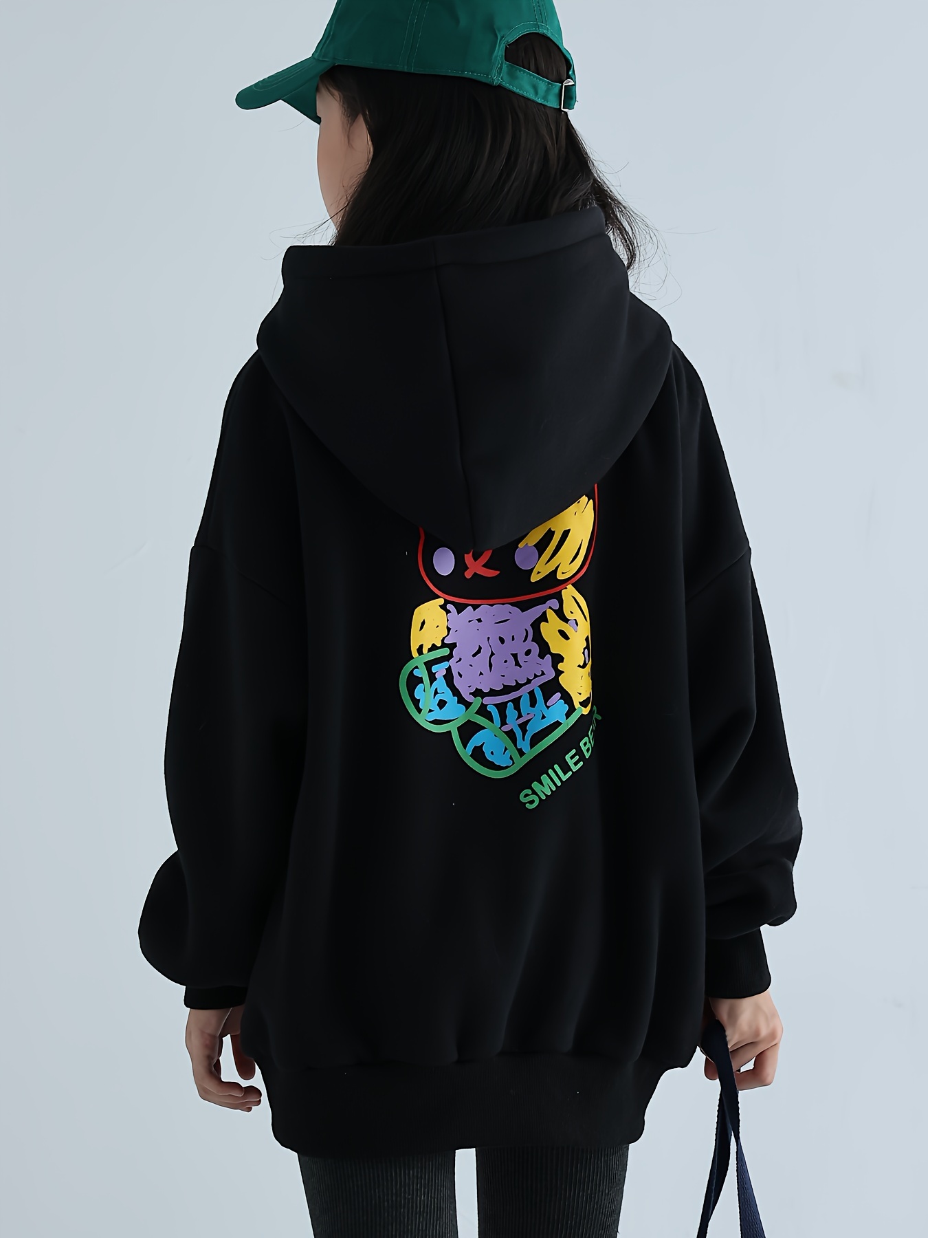 Girls' 95 Cotton Cartoon Graffiti Bear Graphic Hooded Pullover