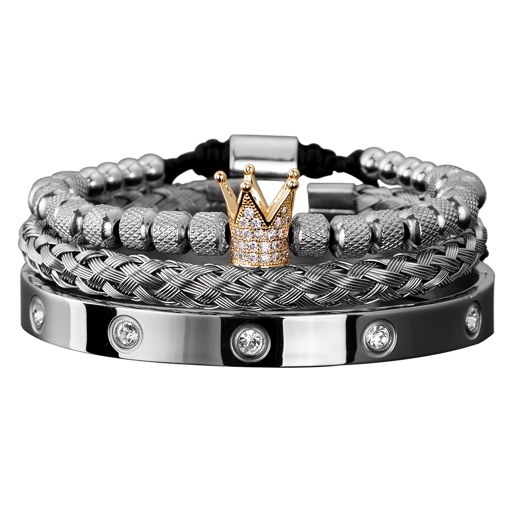 Men's Micro Pave CZ Round Beads Crown Bangle Bracelet