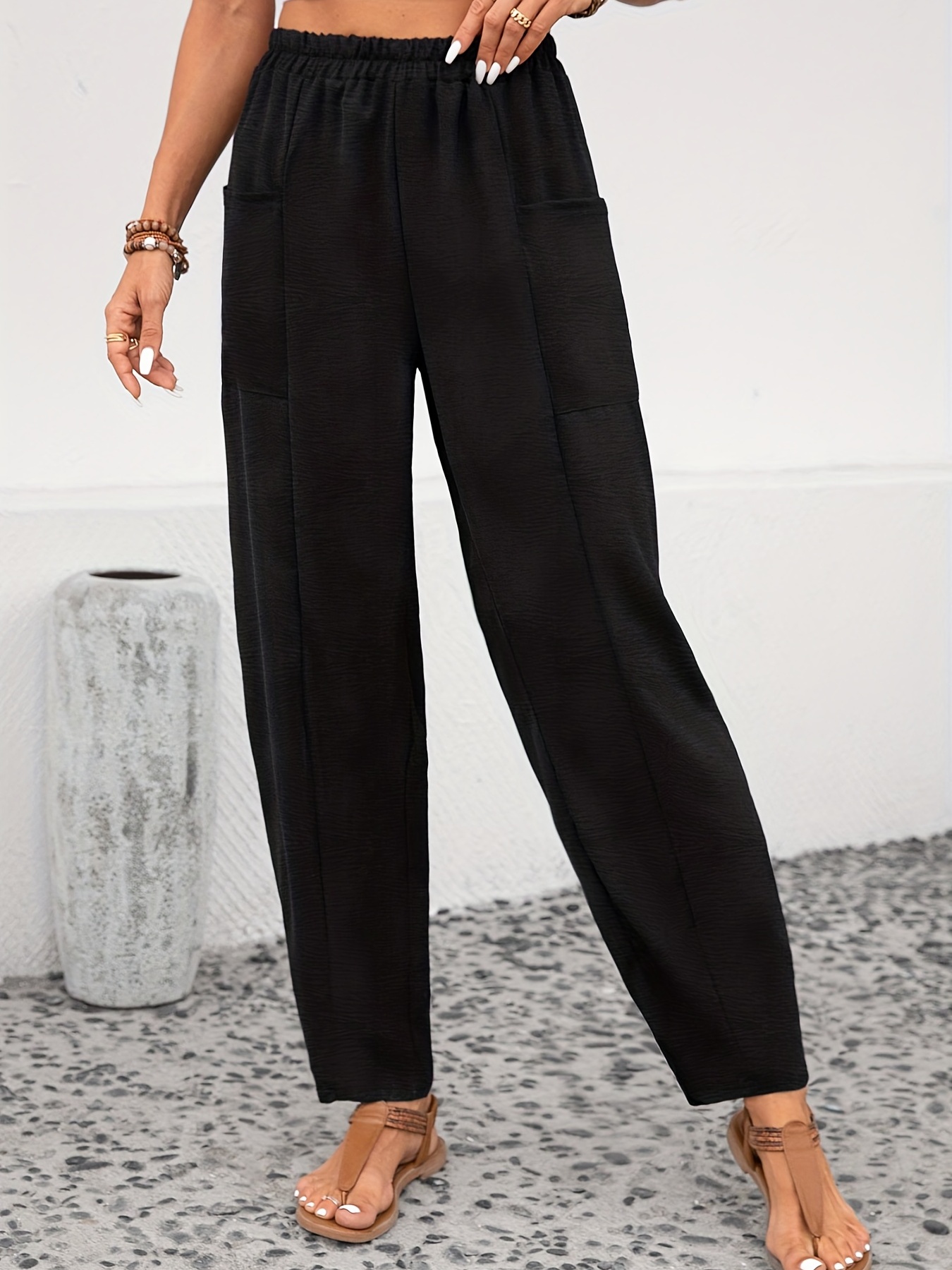Plus Size Casual Pants, Women's Plus Solid Elastic High Rise Slight Stretch  Pleated Wide Leg Trousers