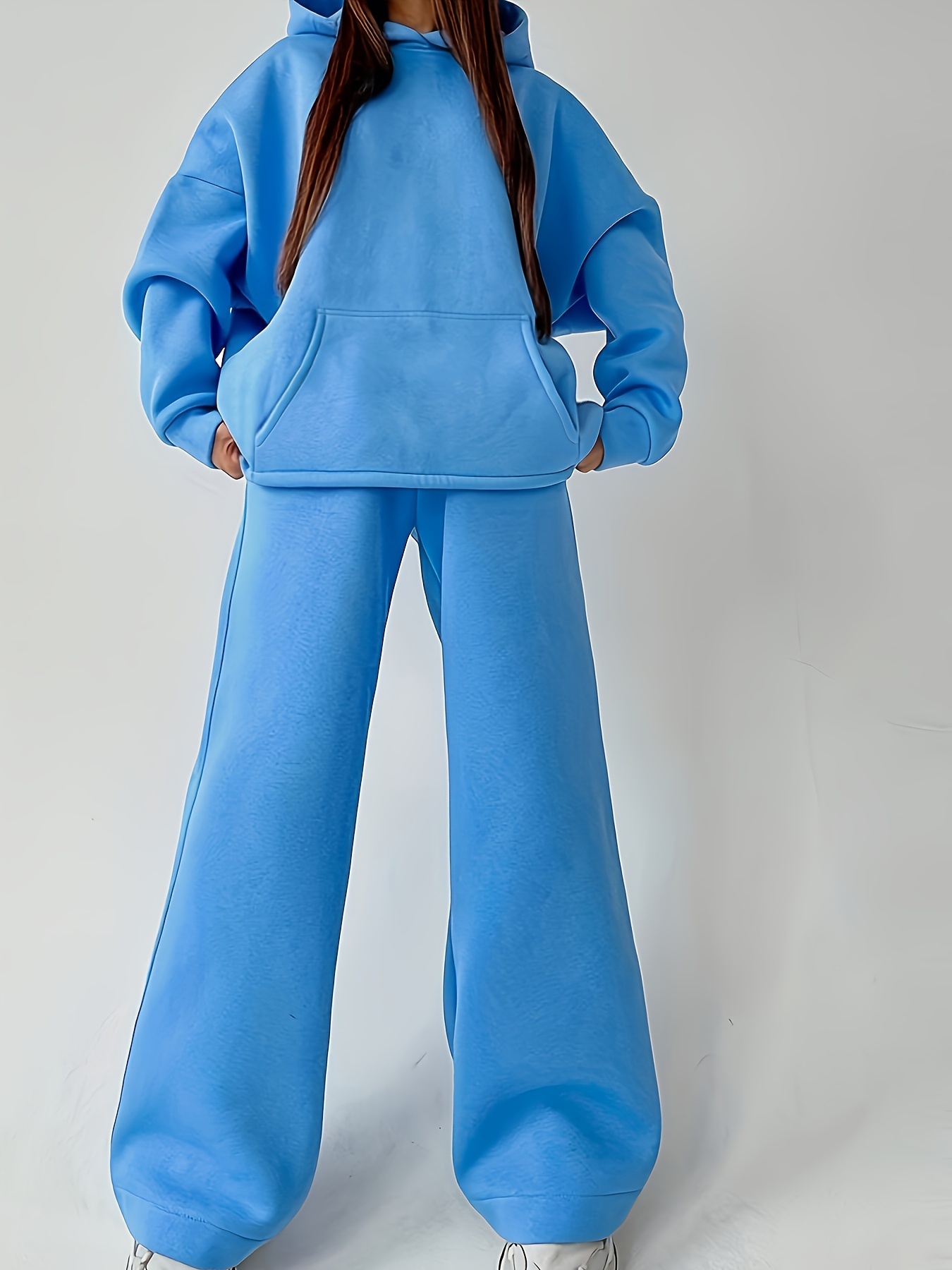 Casual Solid Two piece Set Kangaroo Pocket Hoodie Wide Leg - Temu