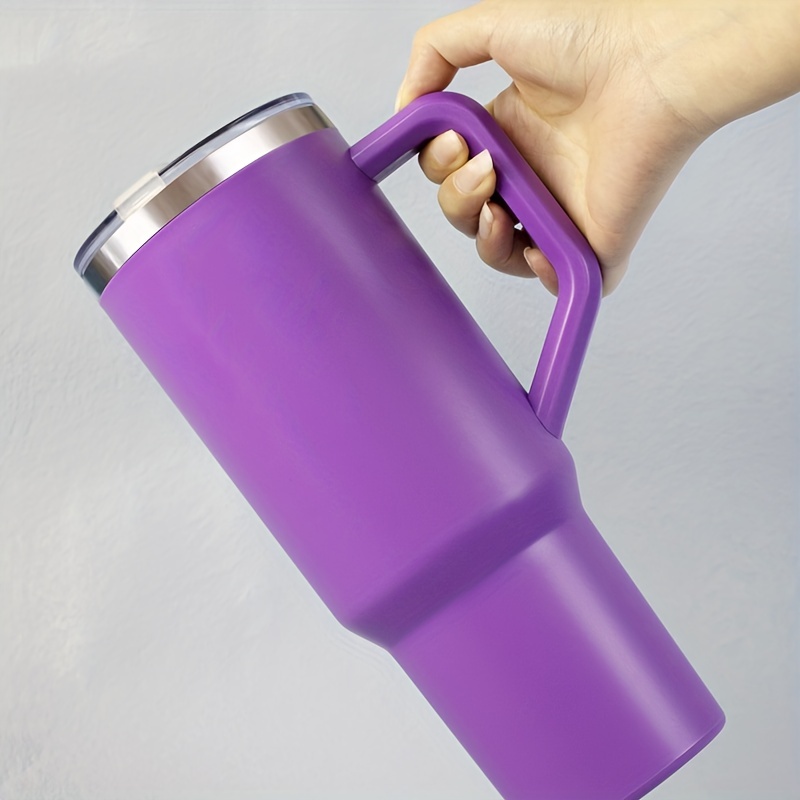 1pc Handle Stainless Steel Insulated Car Water Cup For Home/car Use -  Portable Vacuum With Straw, Available In Black/pink/grey/green/white/purple  - White