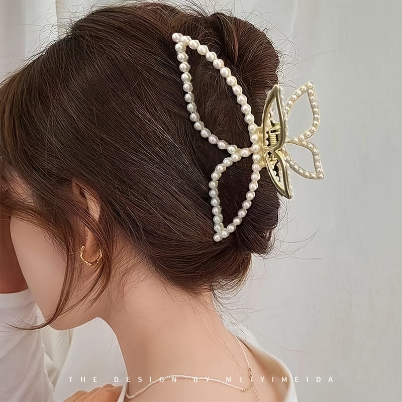

1pc Alloy Faux Pearls Decor Butterfly Shaped Hair Claw Clips, Nonslip Hair Clips For Women, Strong Hold Hair Accessory For Thick, Thin And Other Hair Types