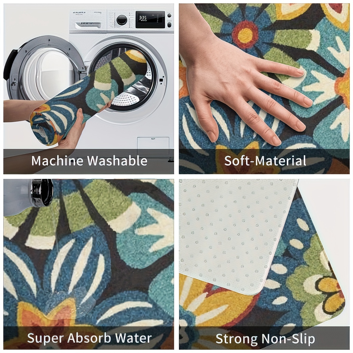 1 2pcs flower pattern kitchen rugs and mats thickened non slip machine washable absorbent floor mats top quality polyester soft carpet family and pet friendly bedroom laundry room rug bathroom doormat home decor       separately details 9