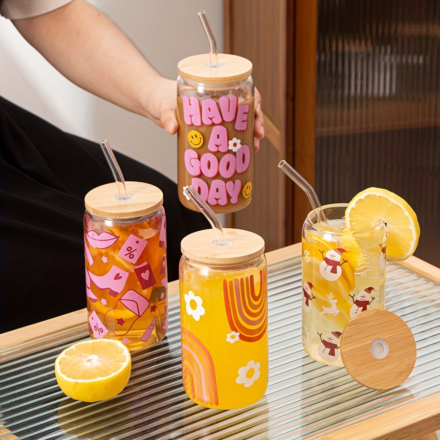Drinking Glasses With Bamboo Lid And Glass Straw, Can-shaped Ice