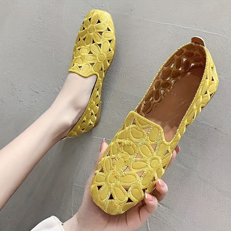 

Women's Floral Embroidered Flat Shoes, Hollow Out Square Toe Slip On Shoes, Casual & Versatile Flats