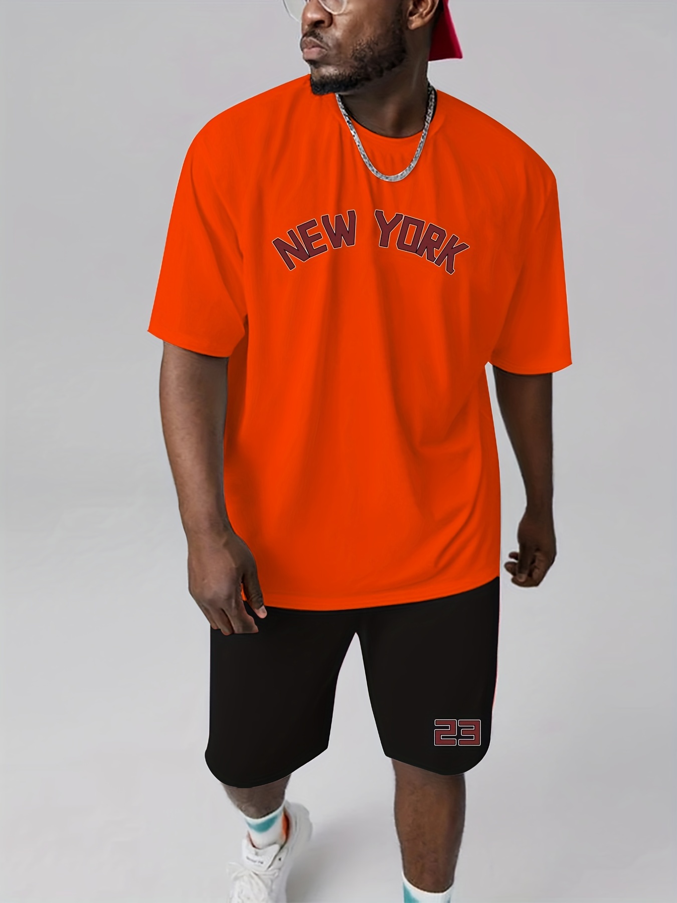 Men's new York Graphic Print T-shirt Shorts Set, Casual Fashion