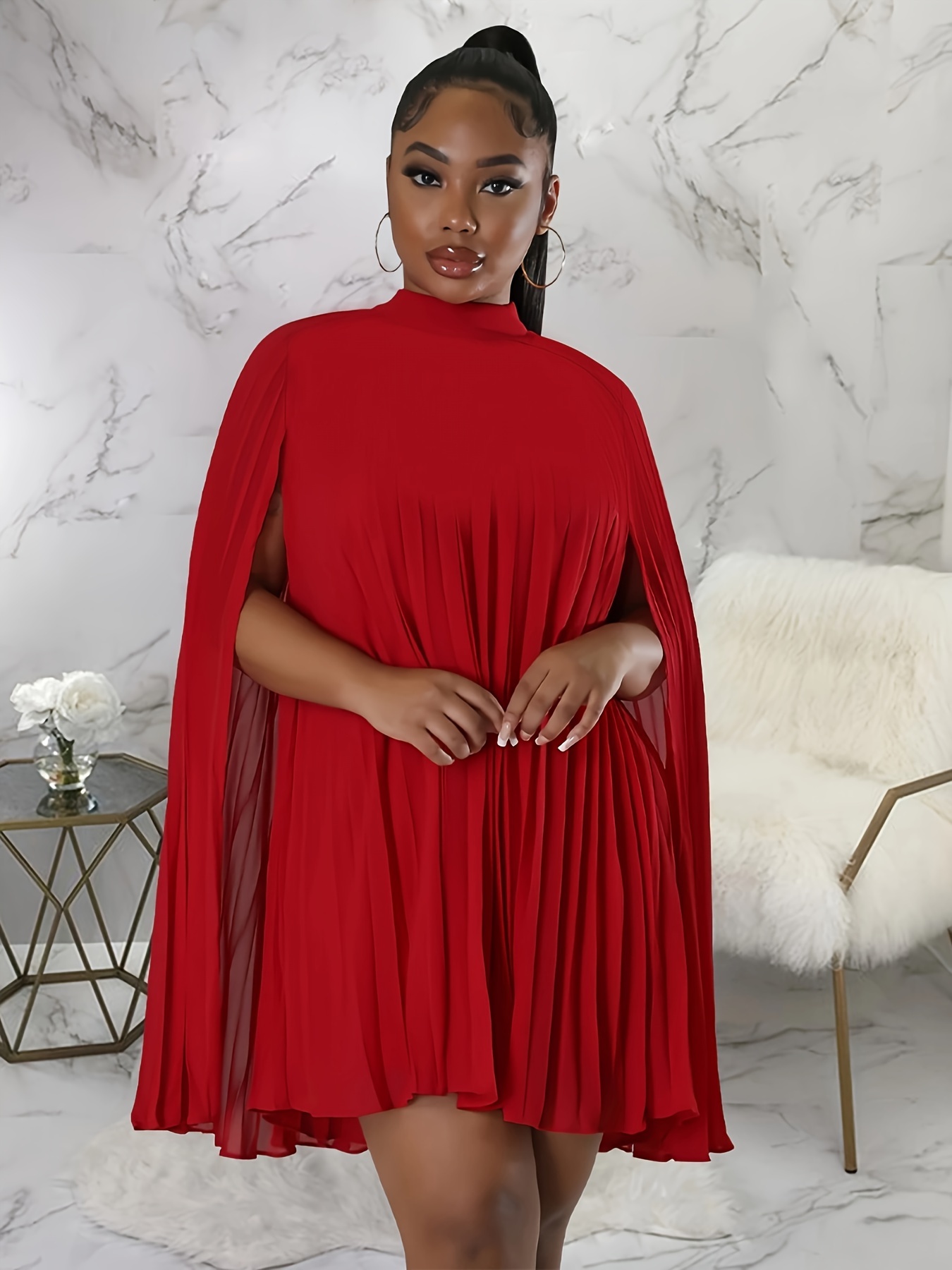 Chiffon Pleated Cape Dress Cloak Sleeve Knee Length Wedding - Temu