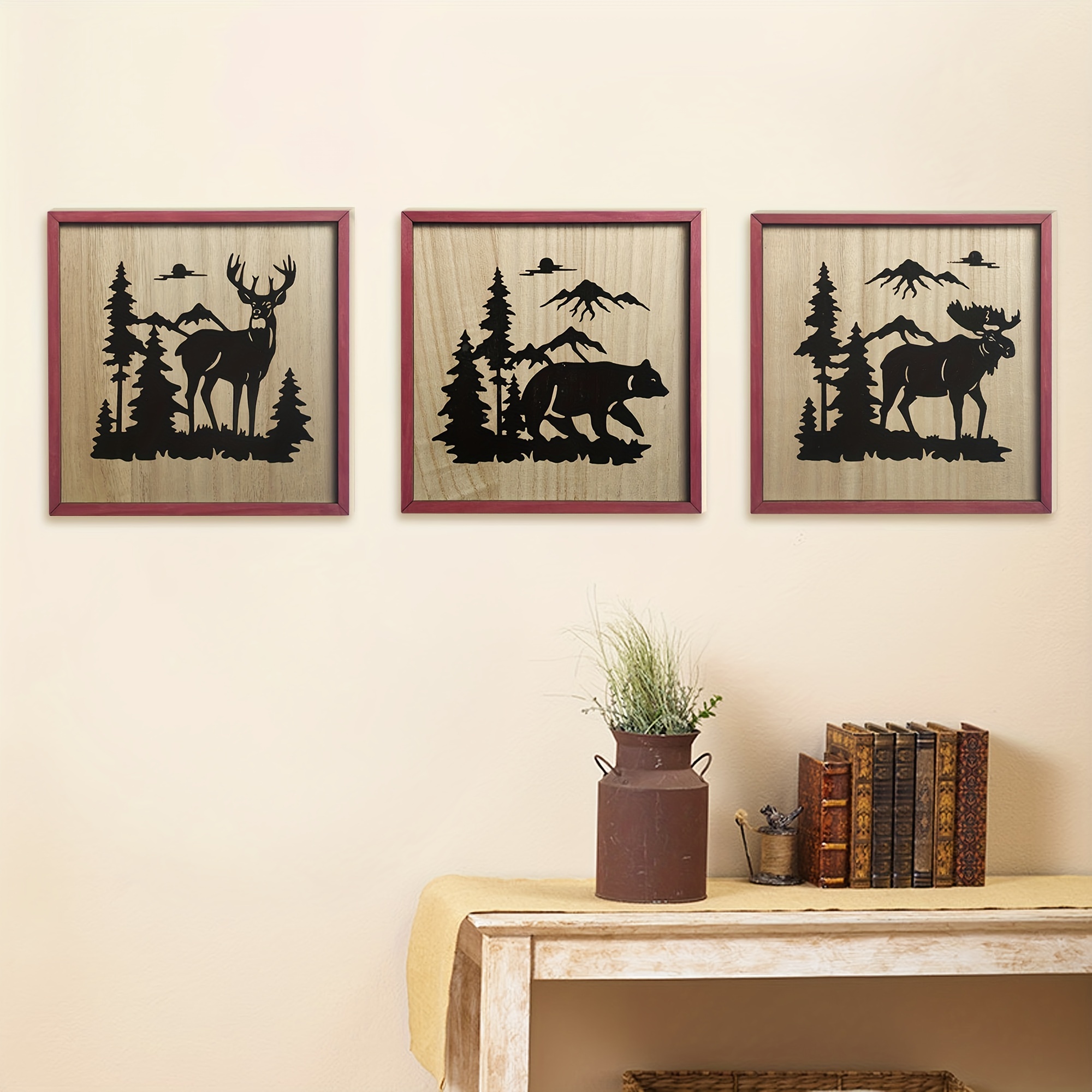 HomeRustique Real Wooden Cabin Decor with Bear, Deer and Moose (Set of 3) -  Woodland Rustic Wall Decoration for Home, Log Cabin, Hunting Theme