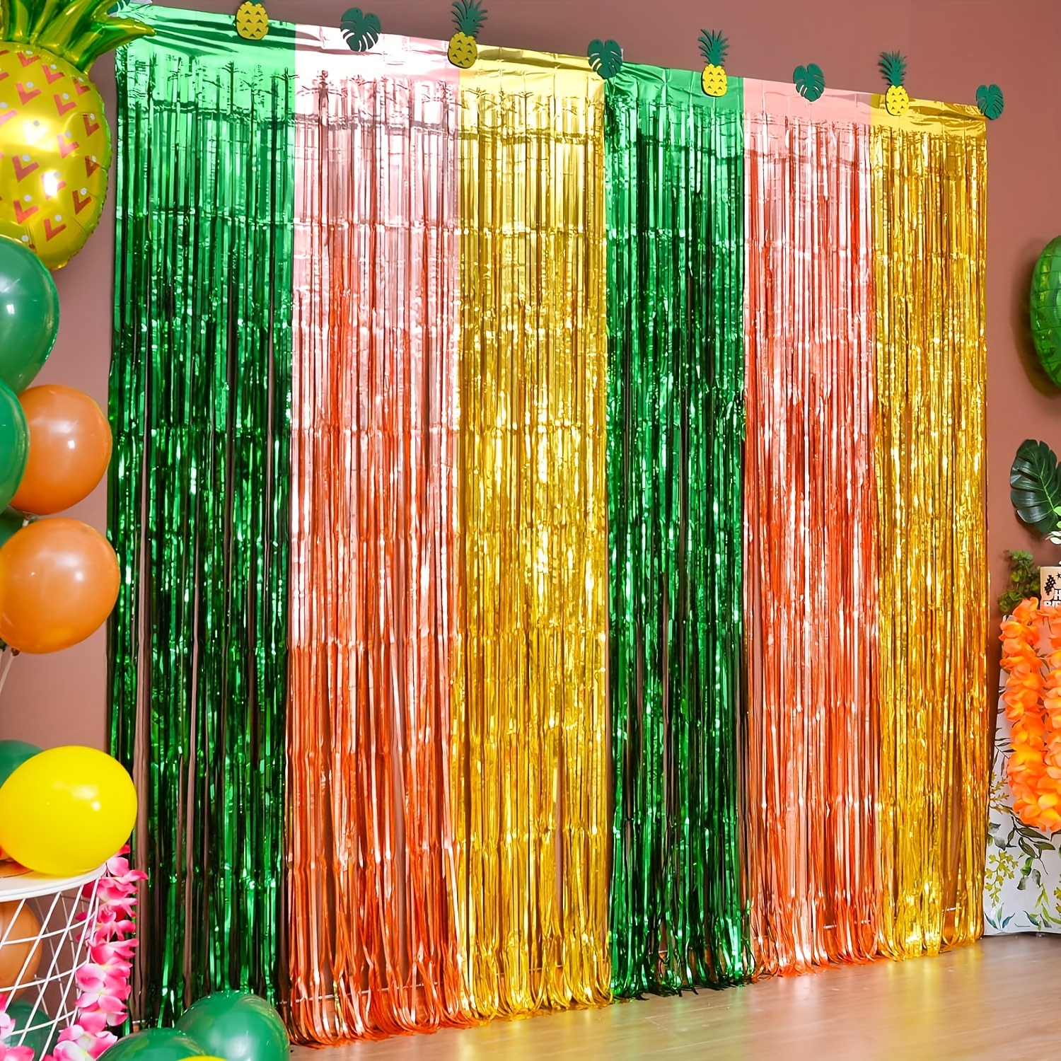 

3pcs Tropical Plastic Foil Tassel Streamers Set, Green Rose Golden And Golden Foil Tassel Streamers, Wire Photo Booth Props, Hawaiian Tropical Party Decoration Streamer Background Easter Gift